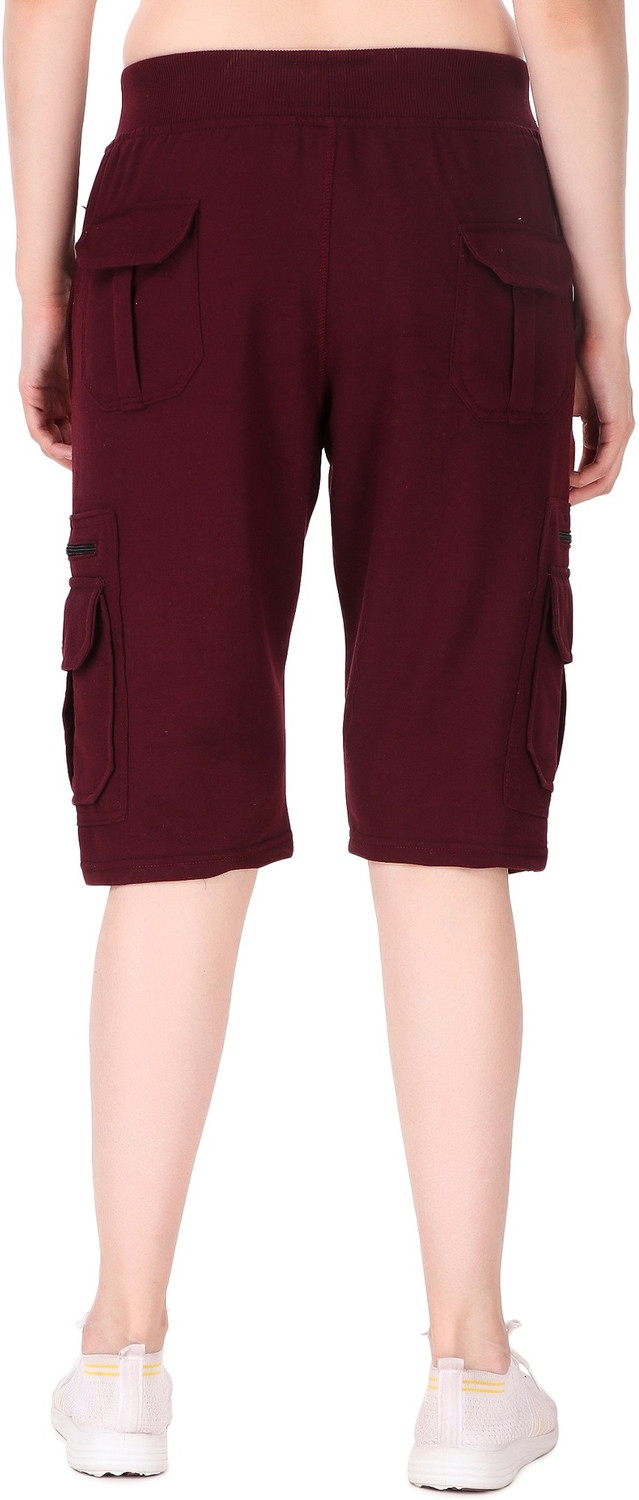 Image of UZARUS Women's Cargo Capri Shorts With 9 Zippered Pockets Women Maroon Capri