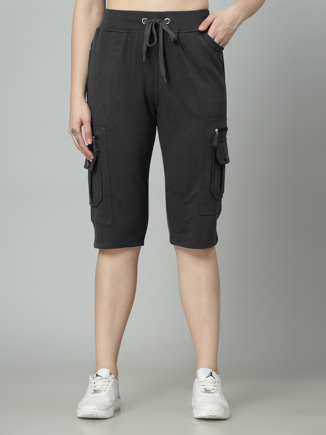 Image of UZARUS Women's Cargo Capri Shorts With 9 Zippered Pockets Women Maroon Capri