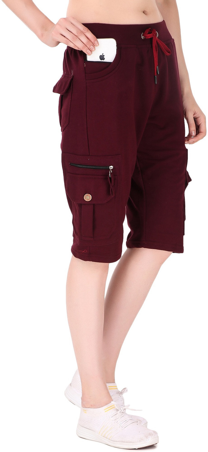 Image of UZARUS Women's Cargo Capri Shorts With 9 Zippered Pockets Women Maroon Capri
