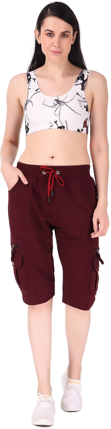 Image of UZARUS Women's Cargo Capri Shorts With 9 Zippered Pockets Women Maroon Capri