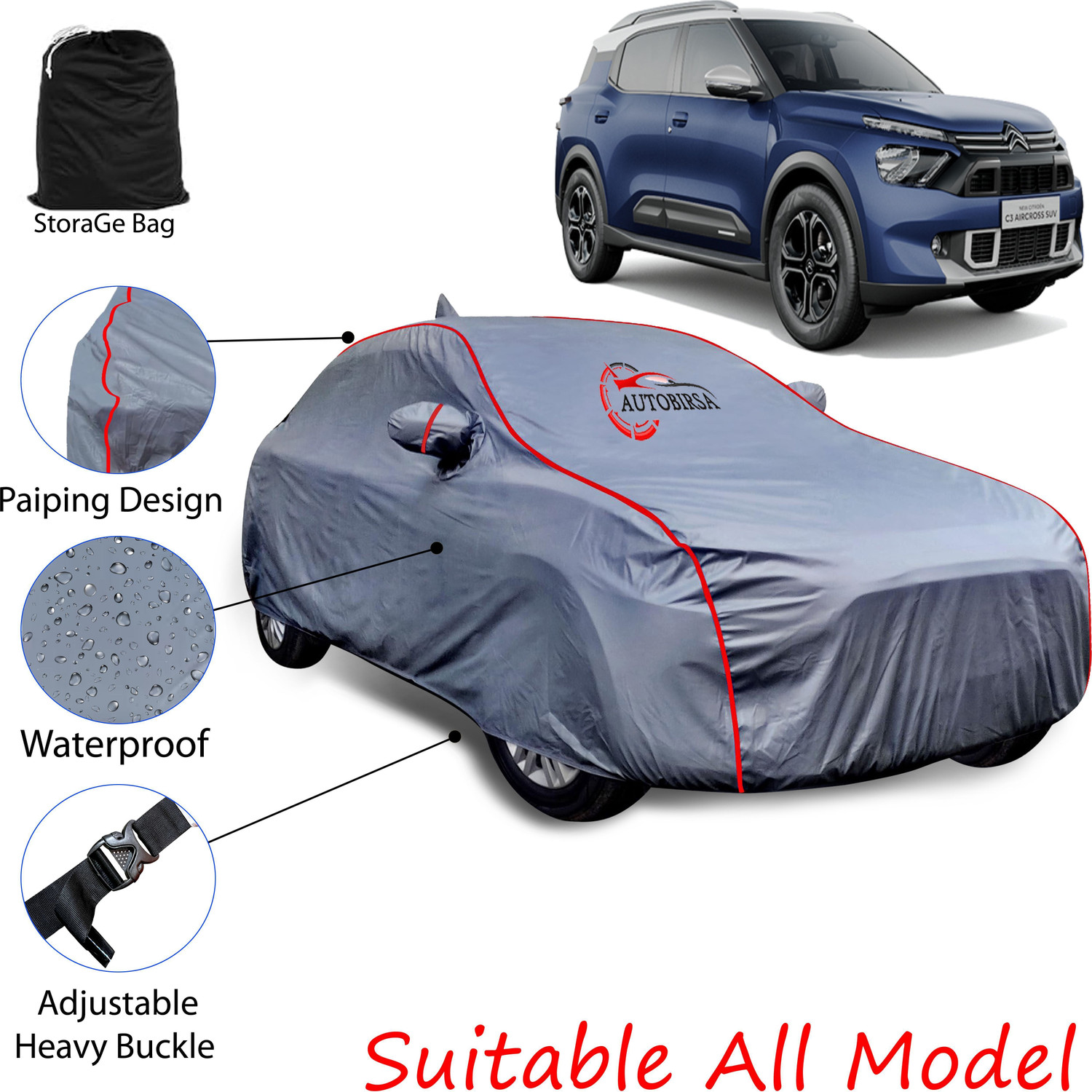 Image of kerwa Citroen C3, C3 Aircross Body Cover (Grey, Black, For 2013, 2014, 2015, 2016, 2017, 2018, 2019, 2020, 2021, 2022, 2023, 2024 Models)