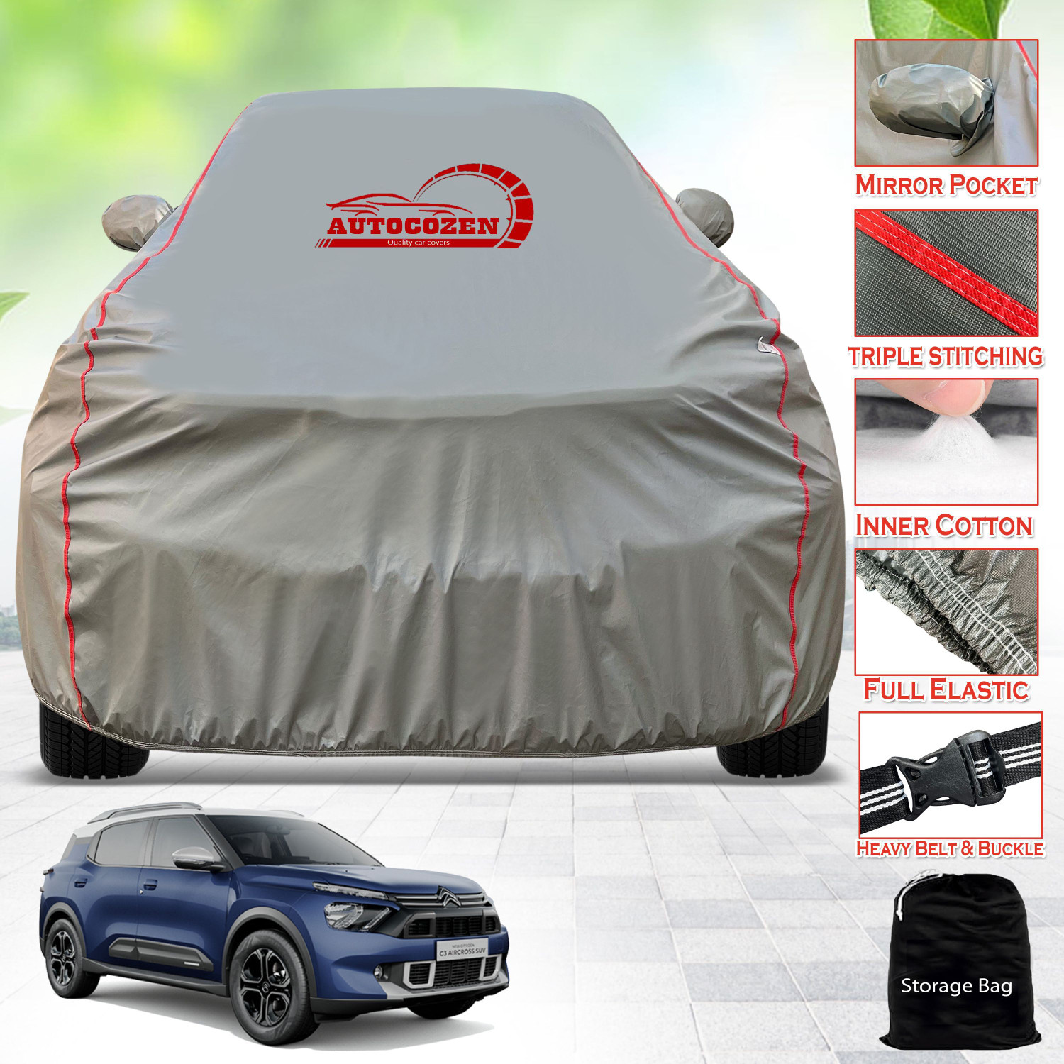 Image of kerwa Citroen C3, C3 Aircross Body Cover (Grey, Black, For 2013, 2014, 2015, 2016, 2017, 2018, 2019, 2020, 2021, 2022, 2023, 2024 Models)