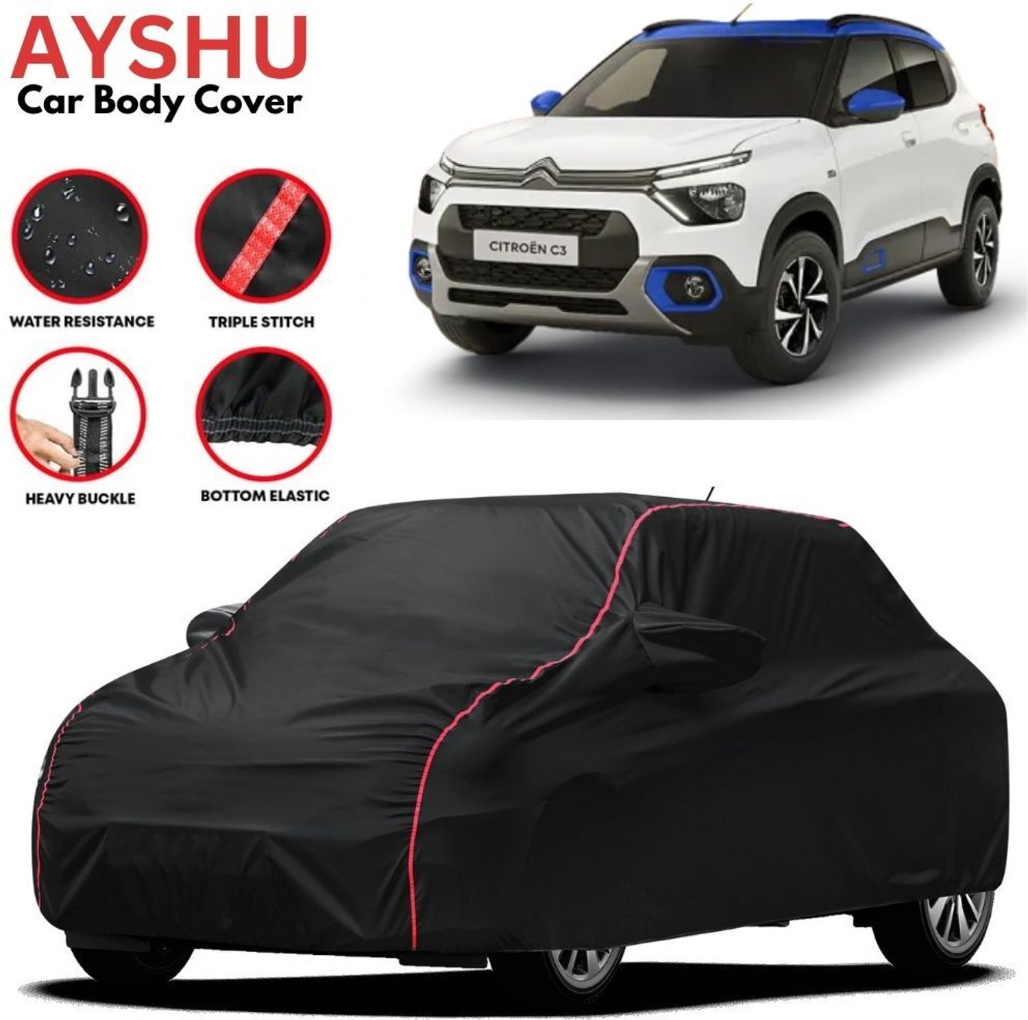 Image of kerwa Citroen C3, C3 Aircross Body Cover (Grey, Black, For 2013, 2014, 2015, 2016, 2017, 2018, 2019, 2020, 2021, 2022, 2023, 2024 Models)