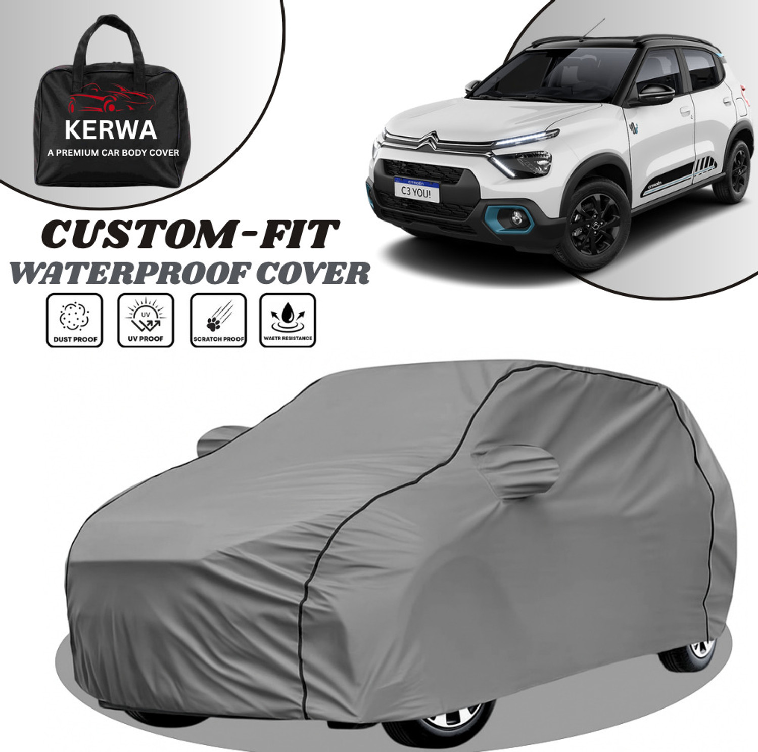 Image of kerwa Citroen C3, C3 Aircross Body Cover (Grey, Black, For 2013, 2014, 2015, 2016, 2017, 2018, 2019, 2020, 2021, 2022, 2023, 2024 Models)