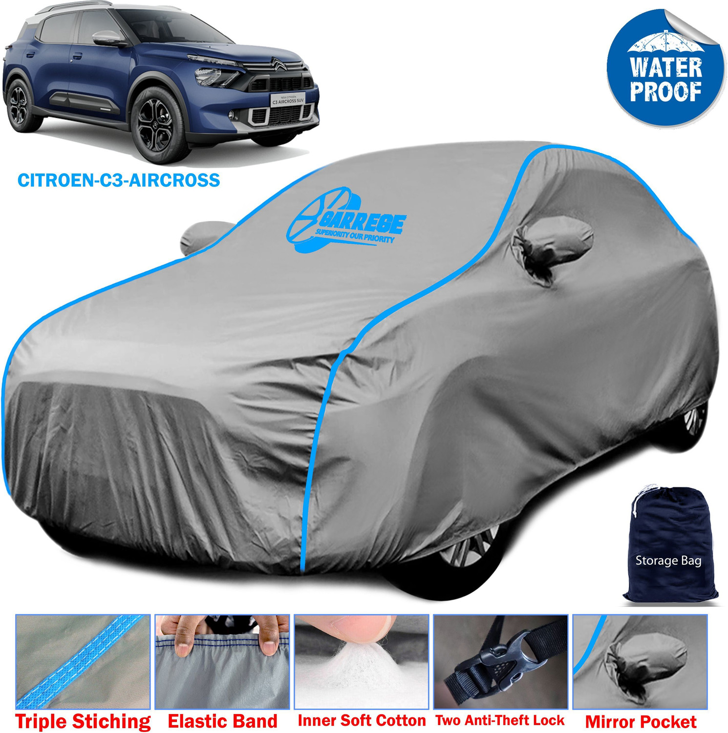 Image of kerwa Citroen C3, C3 Aircross Body Cover (Grey, Black, For 2013, 2014, 2015, 2016, 2017, 2018, 2019, 2020, 2021, 2022, 2023, 2024 Models)