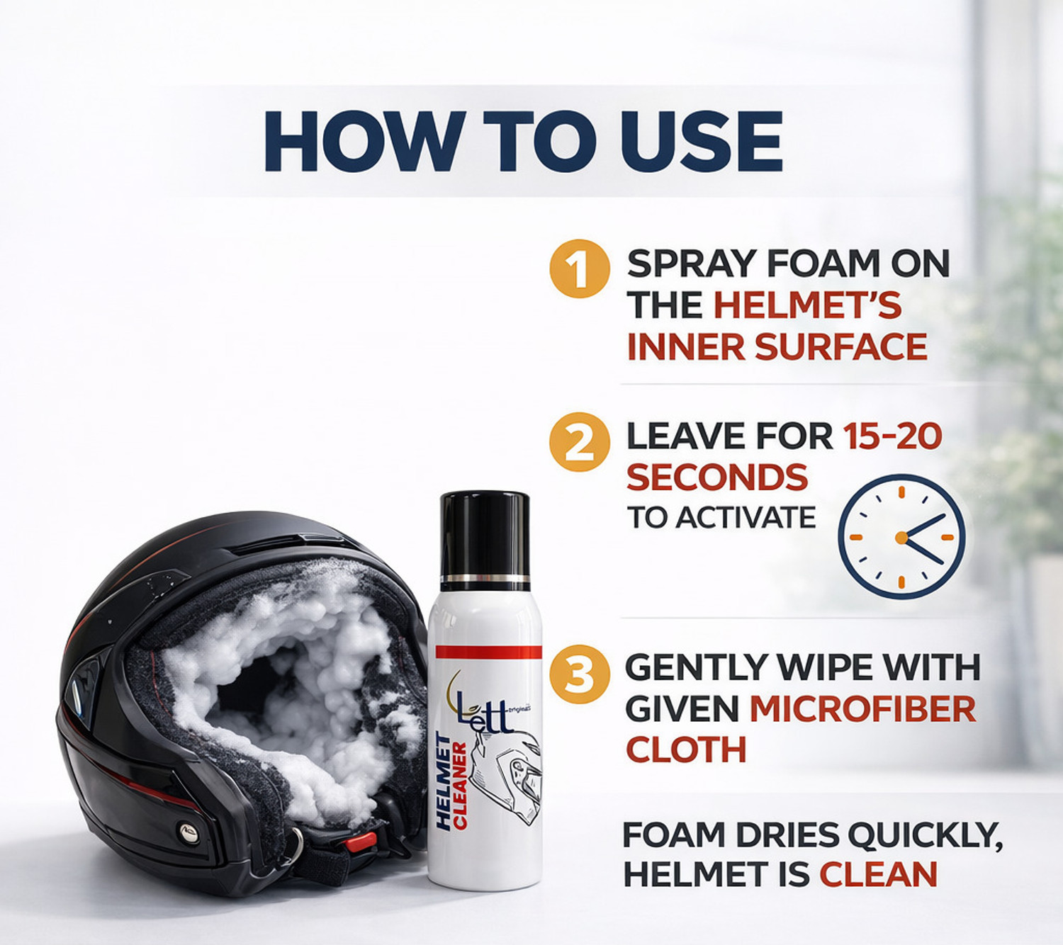 Image of Lett Originals Helmet Cleaner Foam | Removes Odour, Sweat & Germs | 120 ml LT02022 Vehicle Interior Cleaner (120 ml)