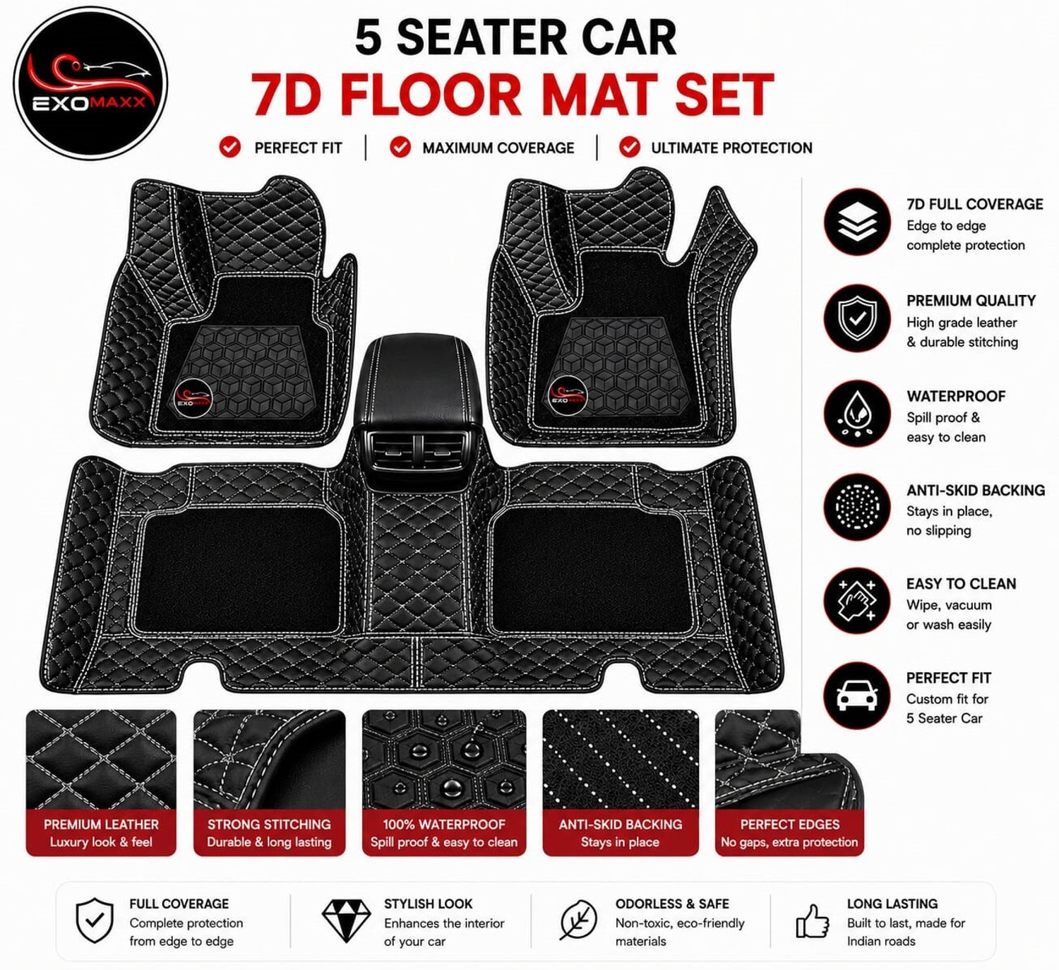 EXO MAXX Leatherite 7D Mat for Hyundai Santro Xing (Black) - Image 1