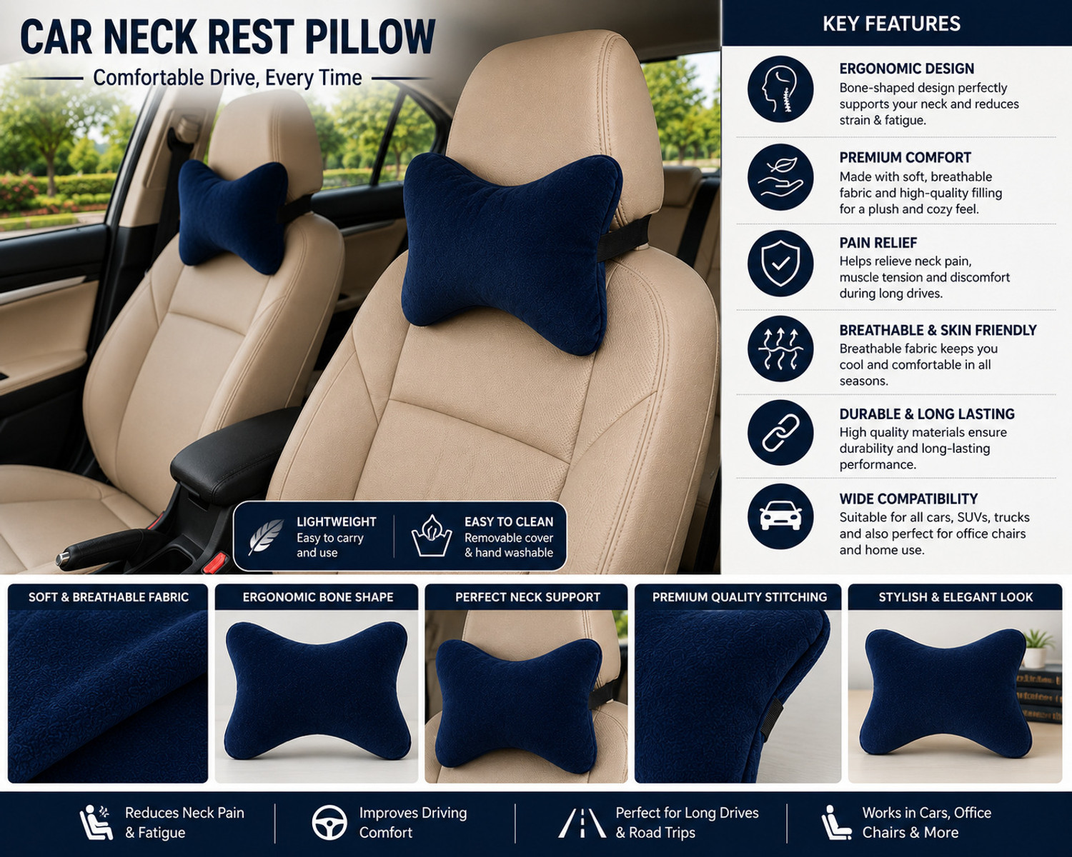 Image of romj Blue Memory Foam Car Pillow Cushion for Bajaj, Datsun, Fiat, Force, Ford, Honda, Hyundai, Isuzu, Kia, MG, Maruti Suzuki, Mahindra (Rectangular)