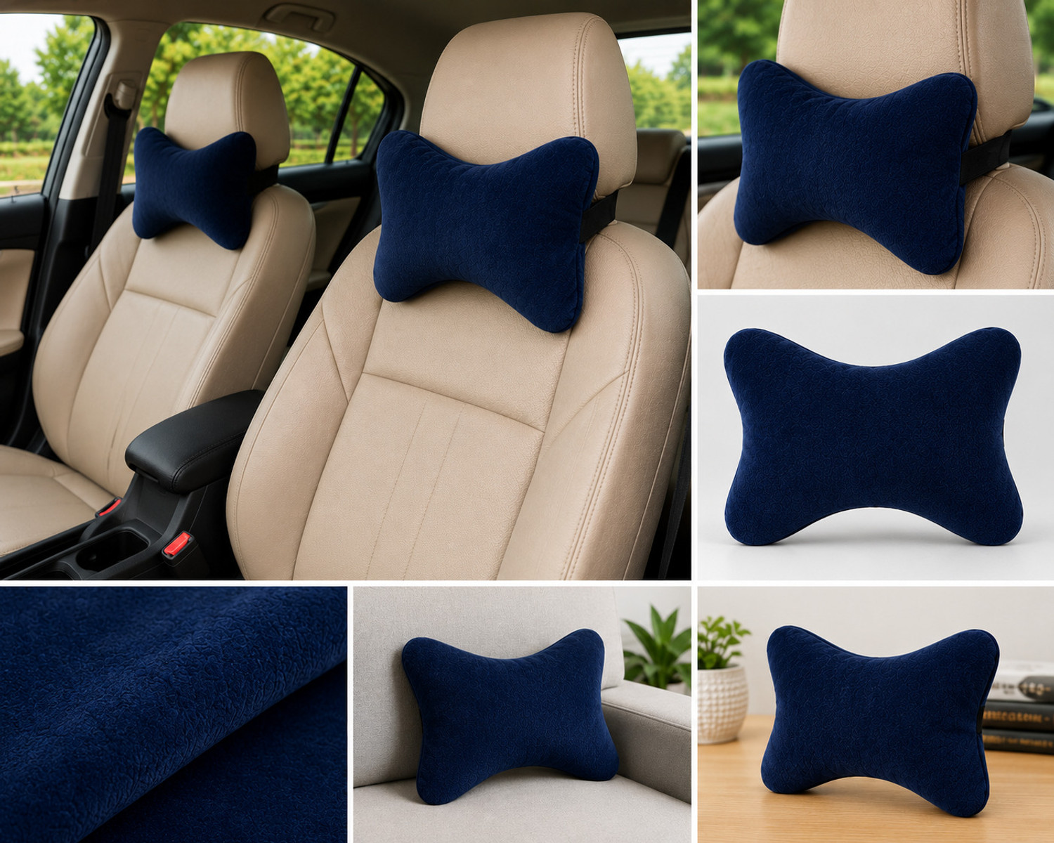 Image of romj Blue Memory Foam Car Pillow Cushion for Bajaj, Datsun, Fiat, Force, Ford, Honda, Hyundai, Isuzu, Kia, MG, Maruti Suzuki, Mahindra (Rectangular)