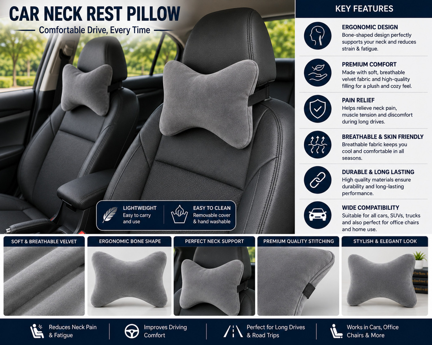 Image of romj Blue Memory Foam Car Pillow Cushion for Bajaj, Datsun, Fiat, Force, Ford, Honda, Hyundai, Isuzu, Kia, MG, Maruti Suzuki, Mahindra (Rectangular)
