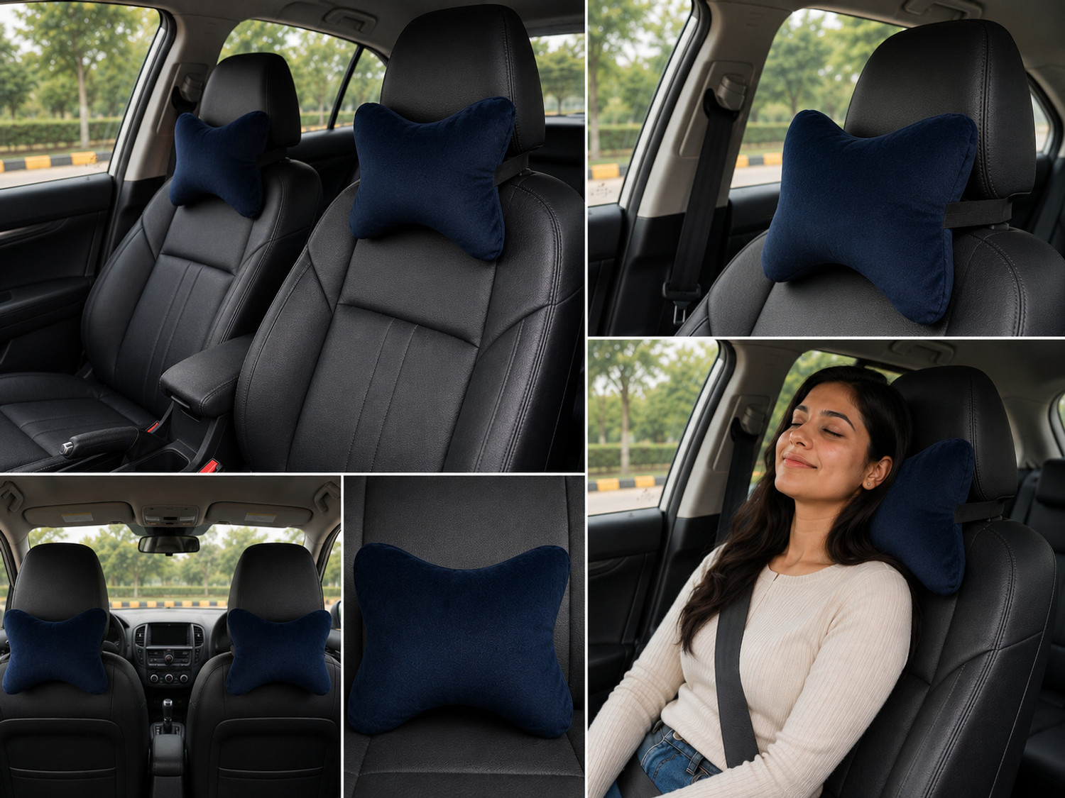 Image of romj Blue Memory Foam Car Pillow Cushion for Bajaj, Datsun, Fiat, Force, Ford, Honda, Hyundai, Isuzu, Kia, MG, Maruti Suzuki, Mahindra (Rectangular)