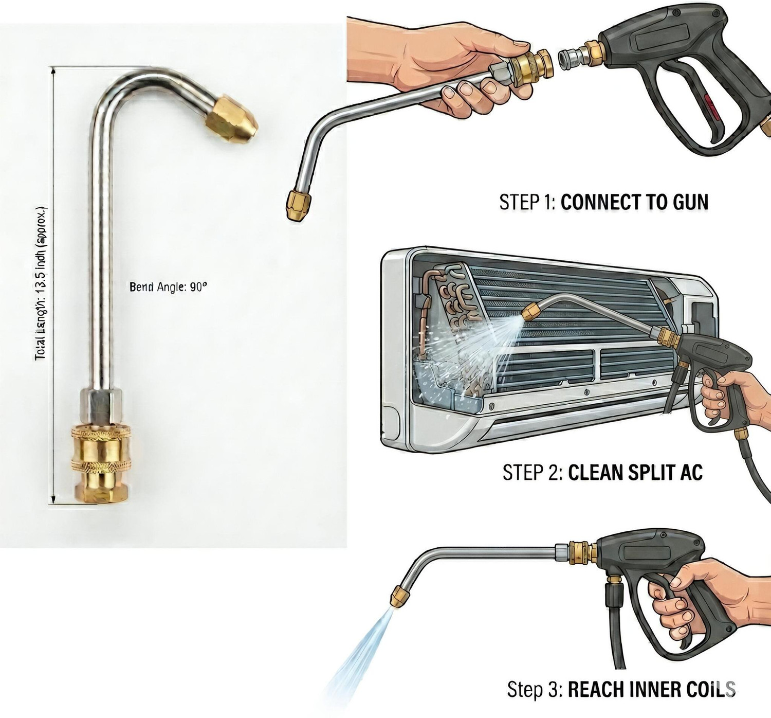 Image of Technicians Toolkit AC Cleaning Lance Nozzle 90 Bend Pressure Washer Tool Brass Tip 13.5 Spray Gun