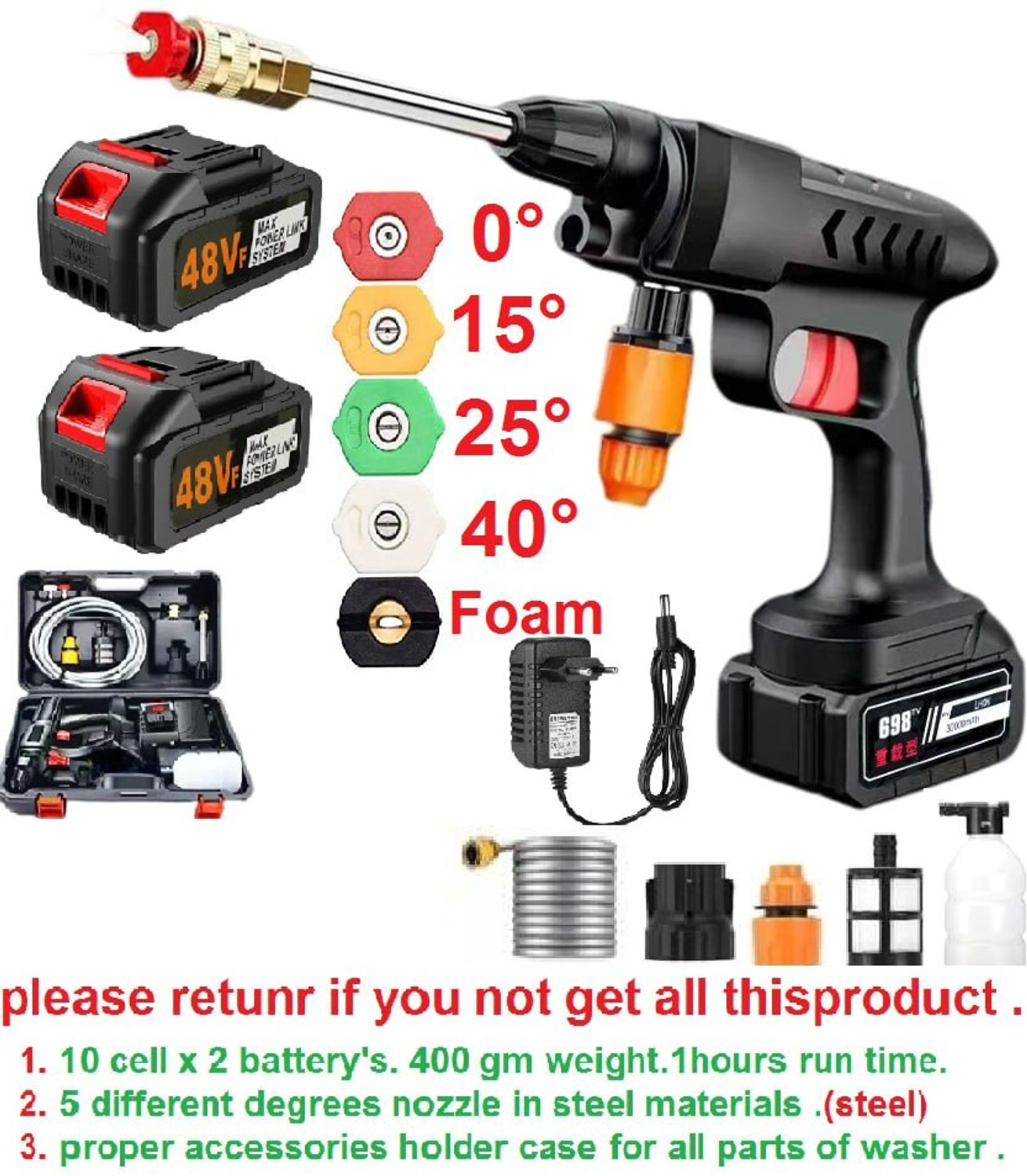 Image of Rlstore Cordless Portable Pressure Washer 48V 12000mAh | Gun with Foam | Double Battery Pressure Washer