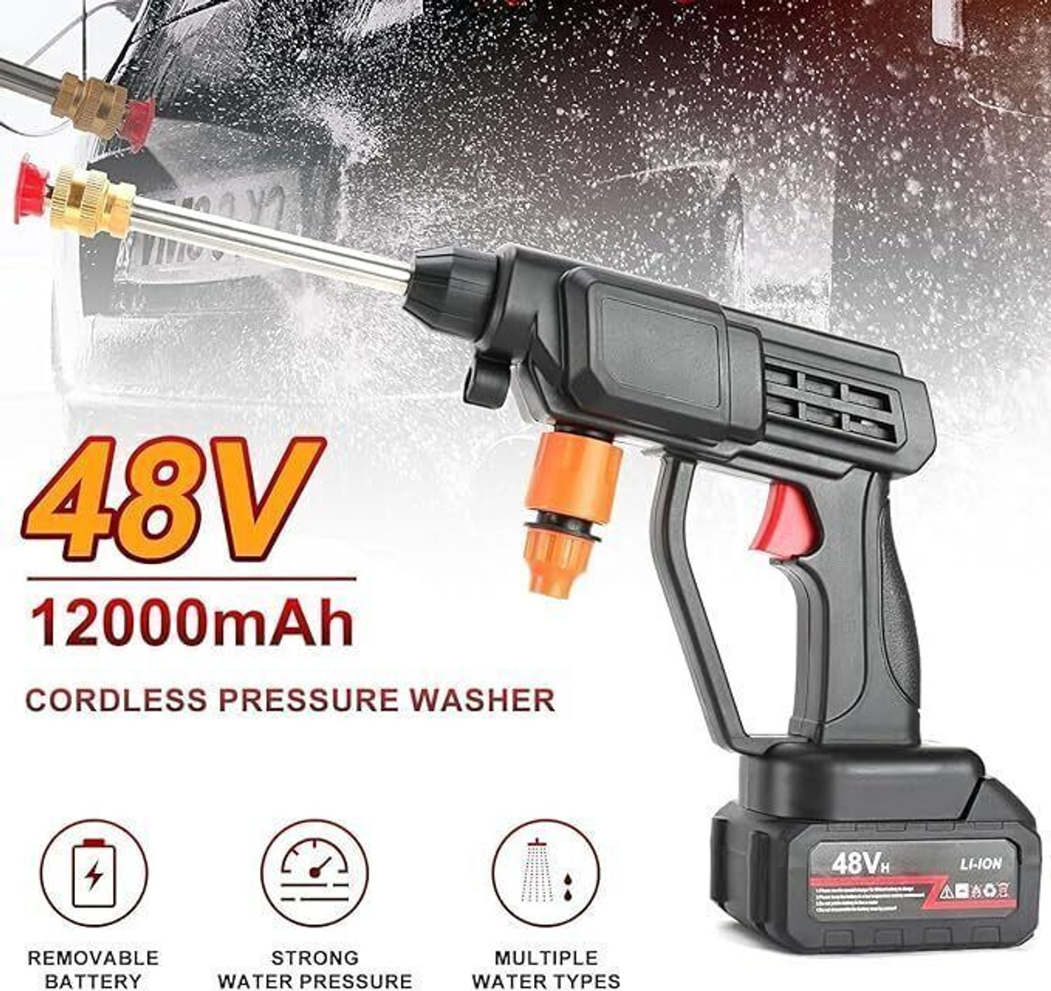 Image of Rlstore Wireless High Electric Pressure Rechargeable Washer Gun for Car Bike,48V Battery Pressure Washer