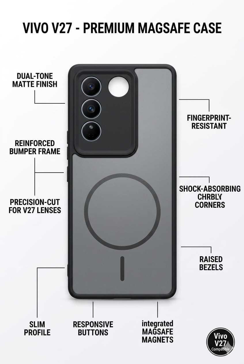 Image of RR ENTERPRISE Back Cover for VIVO V27 (Black, 3D Case, Polycarbonate)