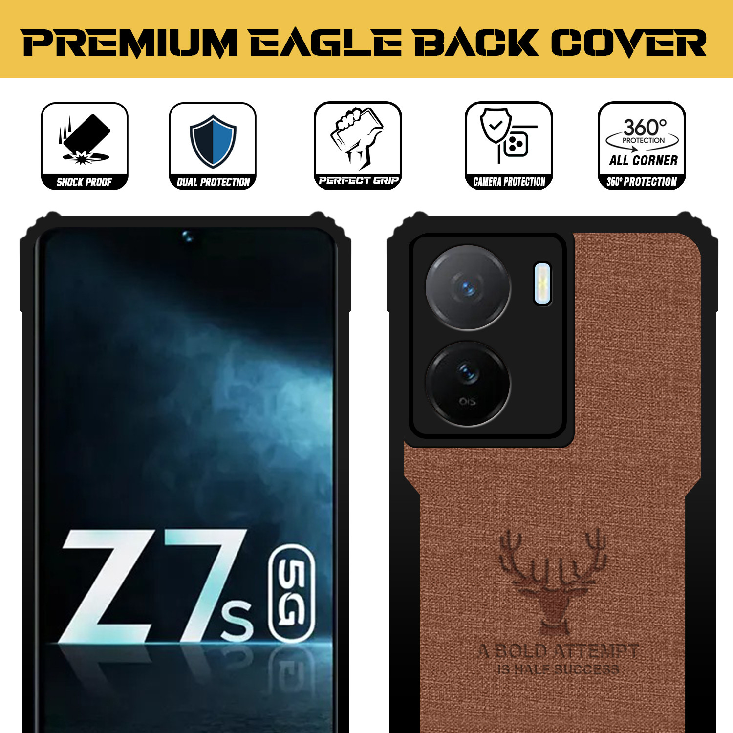 Image of Qyist Back Cover for IQOO Z7S 5G |Vegan PU Leather |Deer Case| Camera Lens Protection (Brown, Shock Proof, Artificial Leather, Polycarbonate, Pack of: 1)