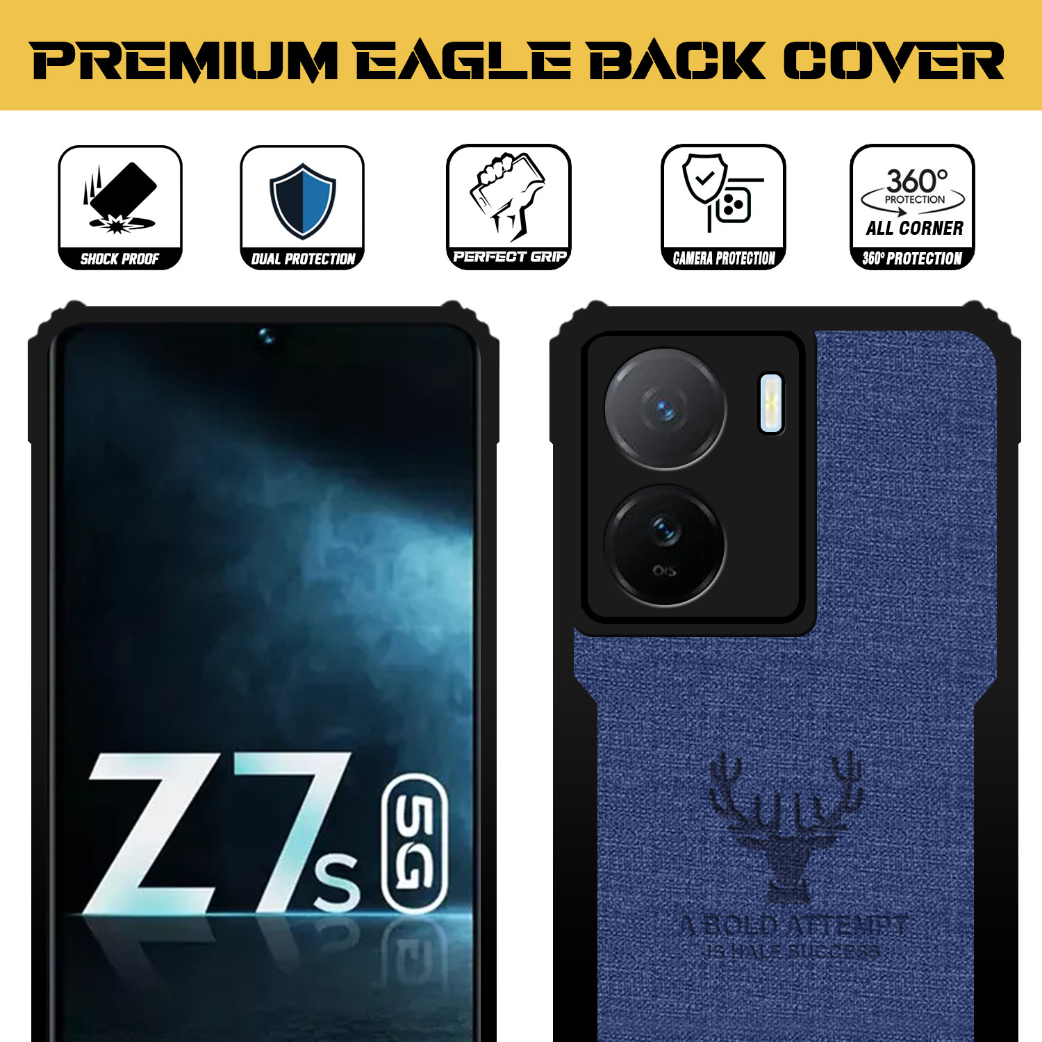Image of Roxel Back Cover for IQOO Z7S 5G |Vegan PU Leather |Deer Case|Four Side Edges & Camera Lens Protection (Blue, Shock Proof, Artificial Leather, Polycarbonate, Pack of: 1)
