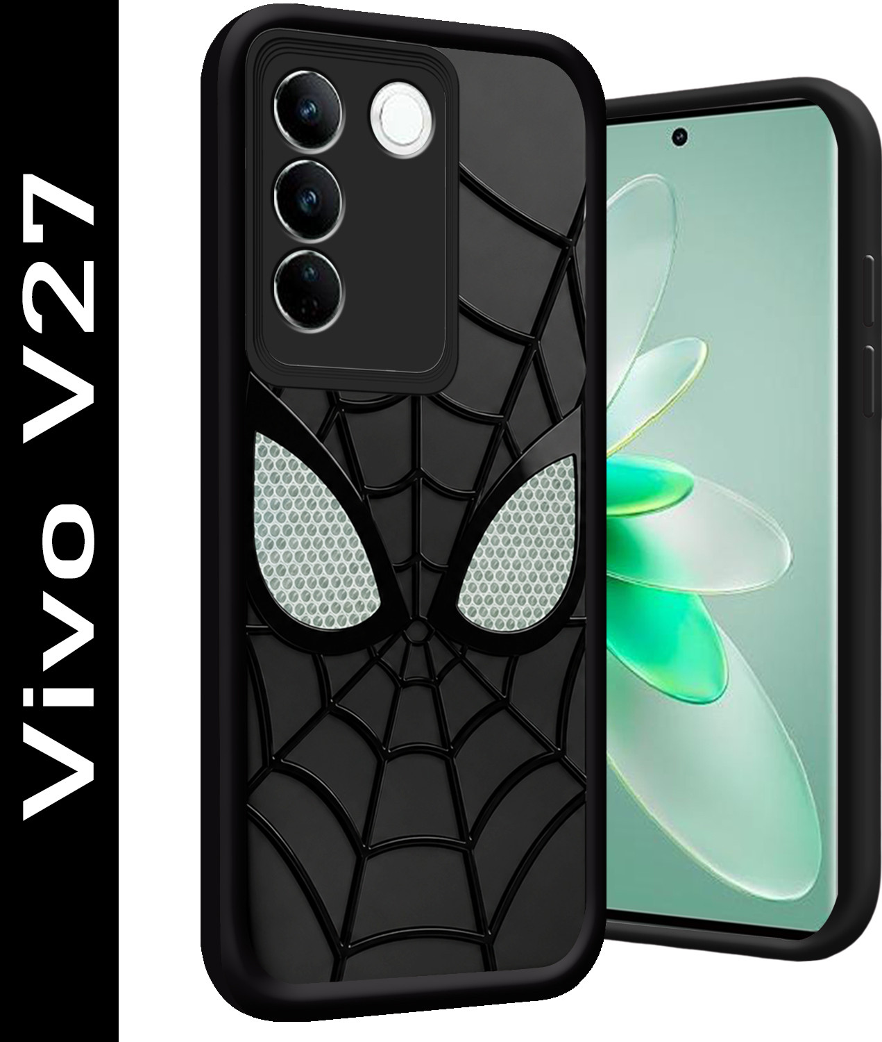 MystiCases Back Cover for Vivo V27 Spider-Man Face Mask Design (Black, 3D Case, Silicon, Pack of: 1) - Image 1