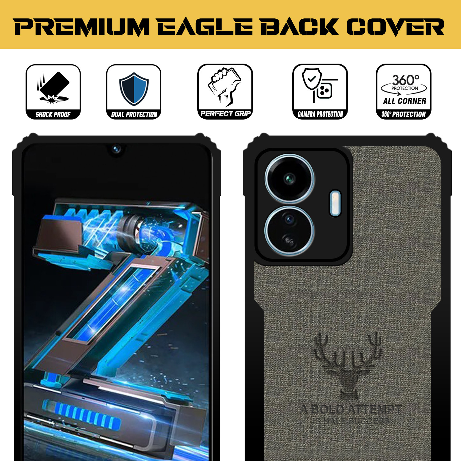 Image of Qyist Back Cover for IQOO Z6 Pro 5G |Vegan PU Leather |Deer Case| Camera Lens Protection (Grey, Shock Proof, Artificial Leather, Polycarbonate, Pack of: 1)