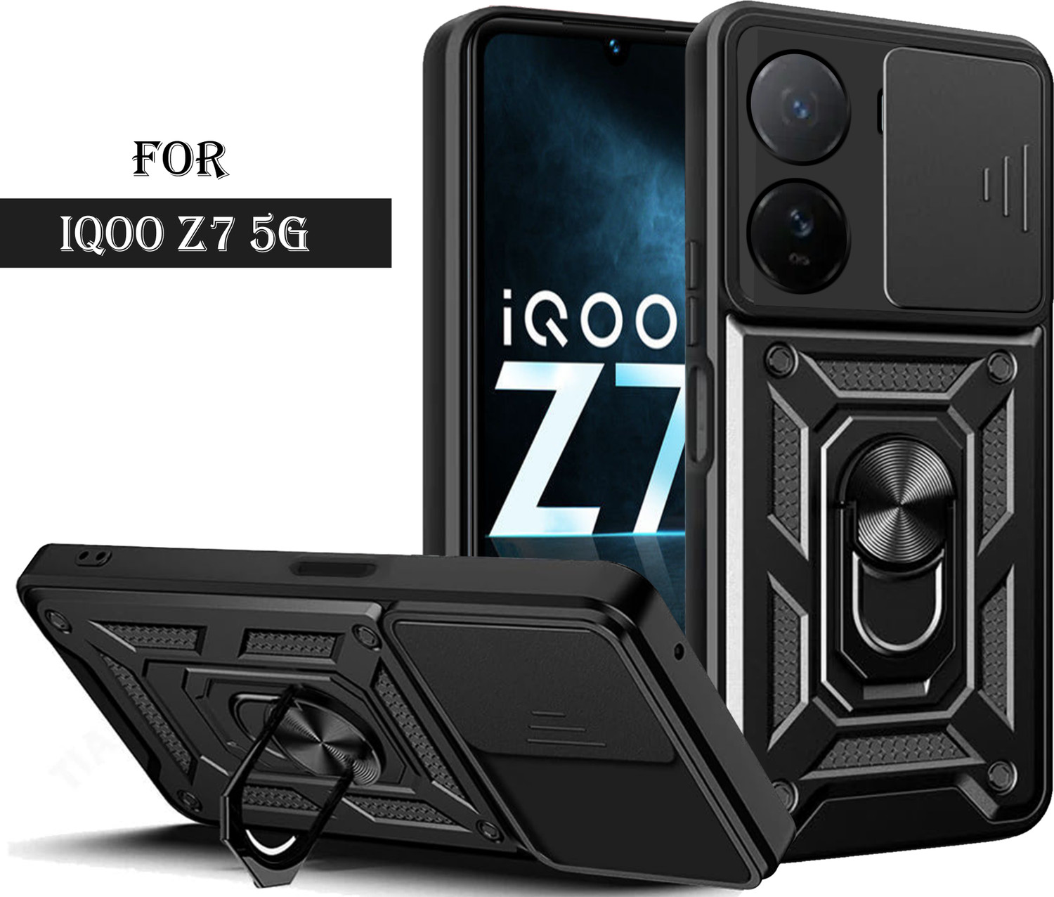Image of BOZTI Back Cover for IQOO Z7 5G (Black, Rugged Armor, Plastic, Metal, Pack of: 1)