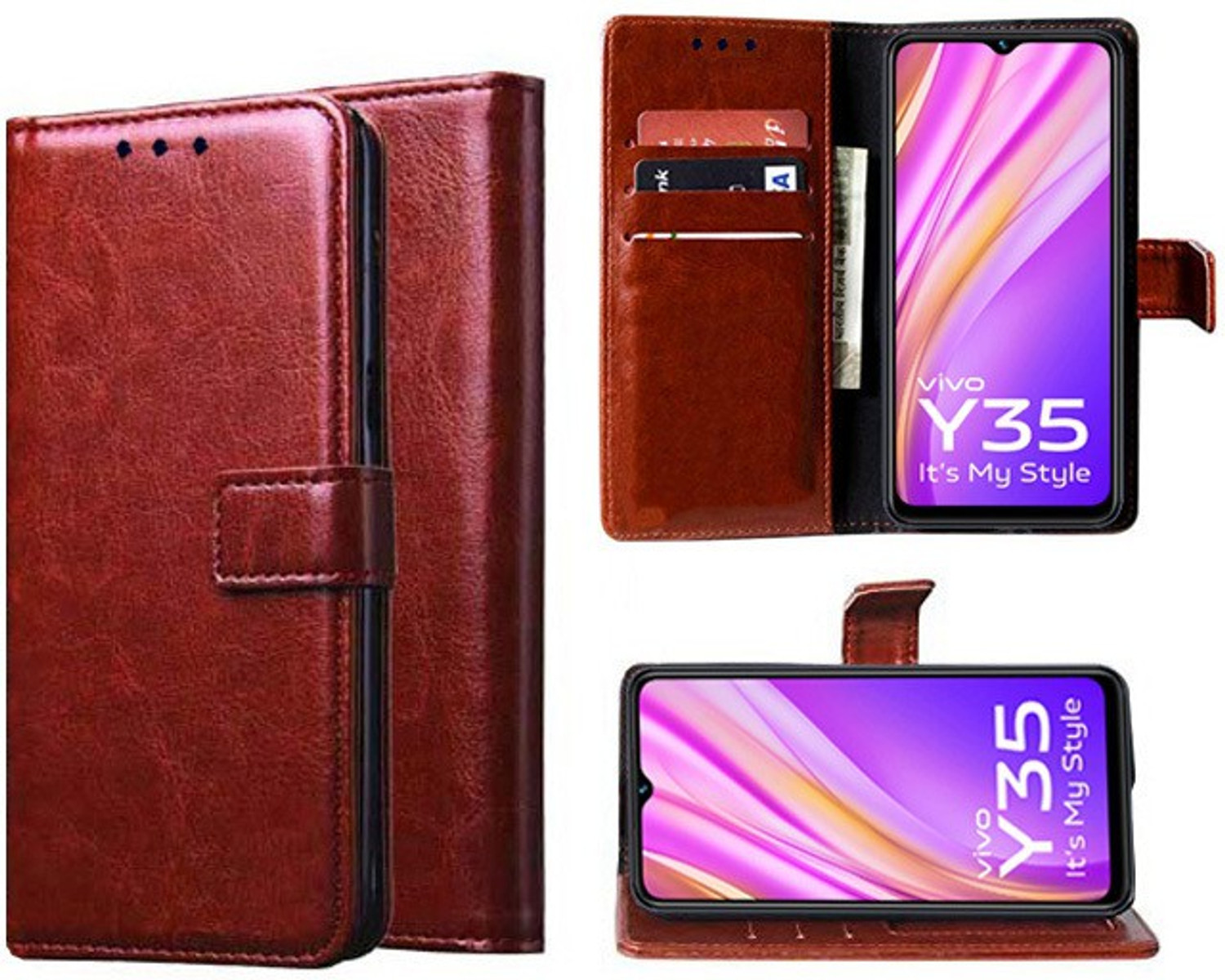 Image of COVERLY Flip Cover for Vivo Y35 (Brown, Magnetic Case, Leather, Pack of: 1)