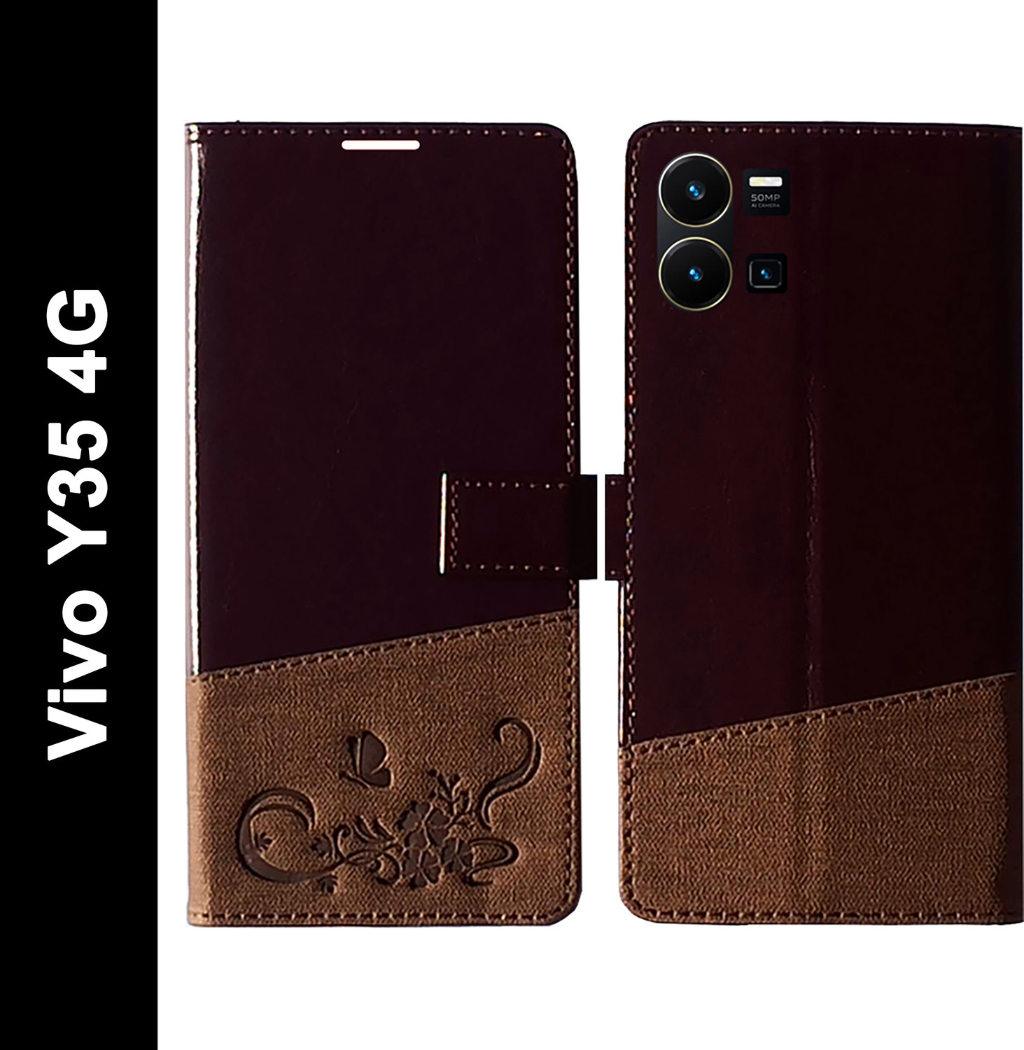 Image of COVERLY Flip Cover for Vivo Y35 (Brown, Magnetic Case, Leather, Pack of: 1)