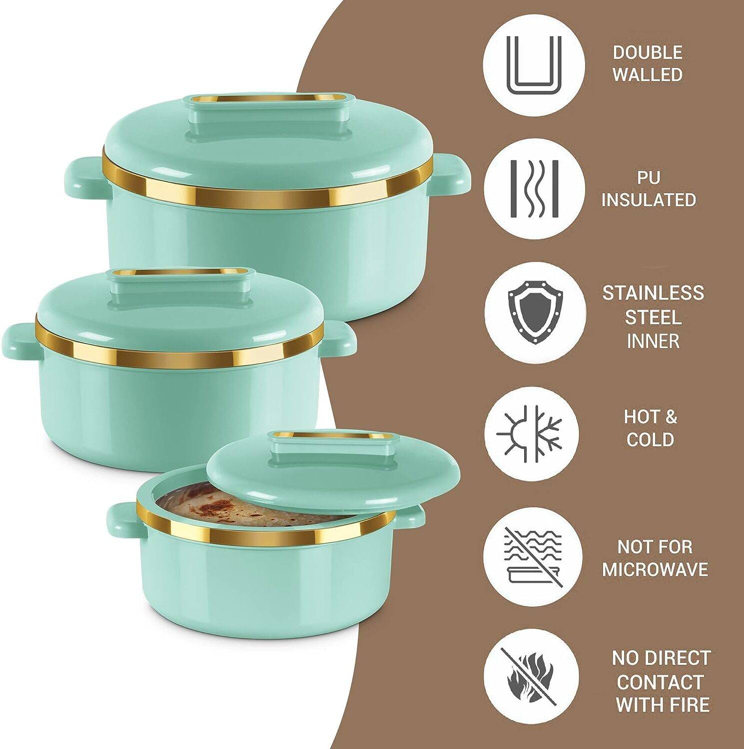 Milton Curve Inner Stainless Steel Casserole Jr Set Of 3 450ml, 840ml, 1300ml, Green Pack Of 3 Serve Casserole