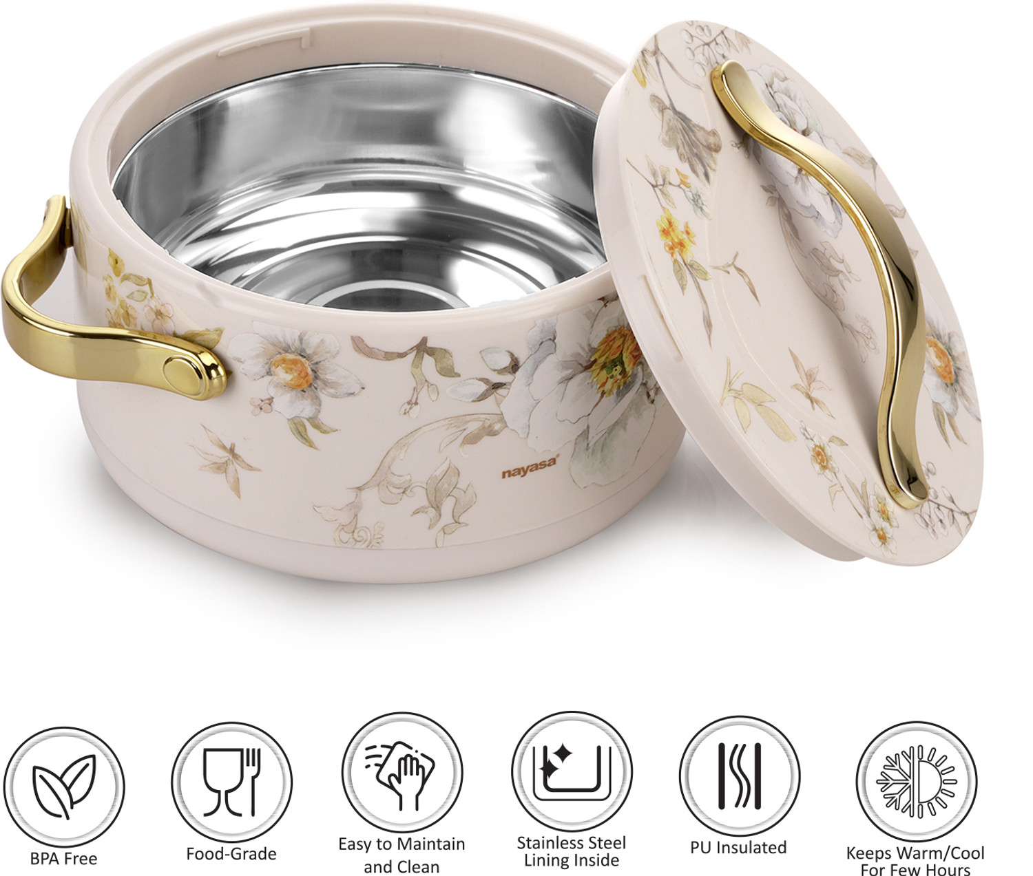Image of NAYASA Bethany Insluated Casserole| Set Of 3 | Small |Stainless Steel Inner|Food Grade| Pack of 3 Thermoware Casserole Set (500 ml, 1000 ml, 1500 ml)