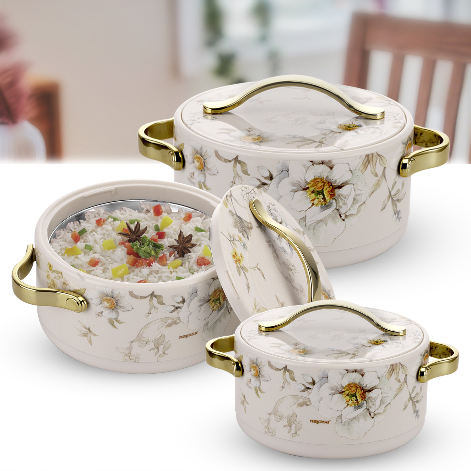 Image of NAYASA Bethany Insluated Casserole| Set Of 3 | Small |Stainless Steel Inner|Food Grade| Pack of 3 Thermoware Casserole Set (500 ml, 1000 ml, 1500 ml)