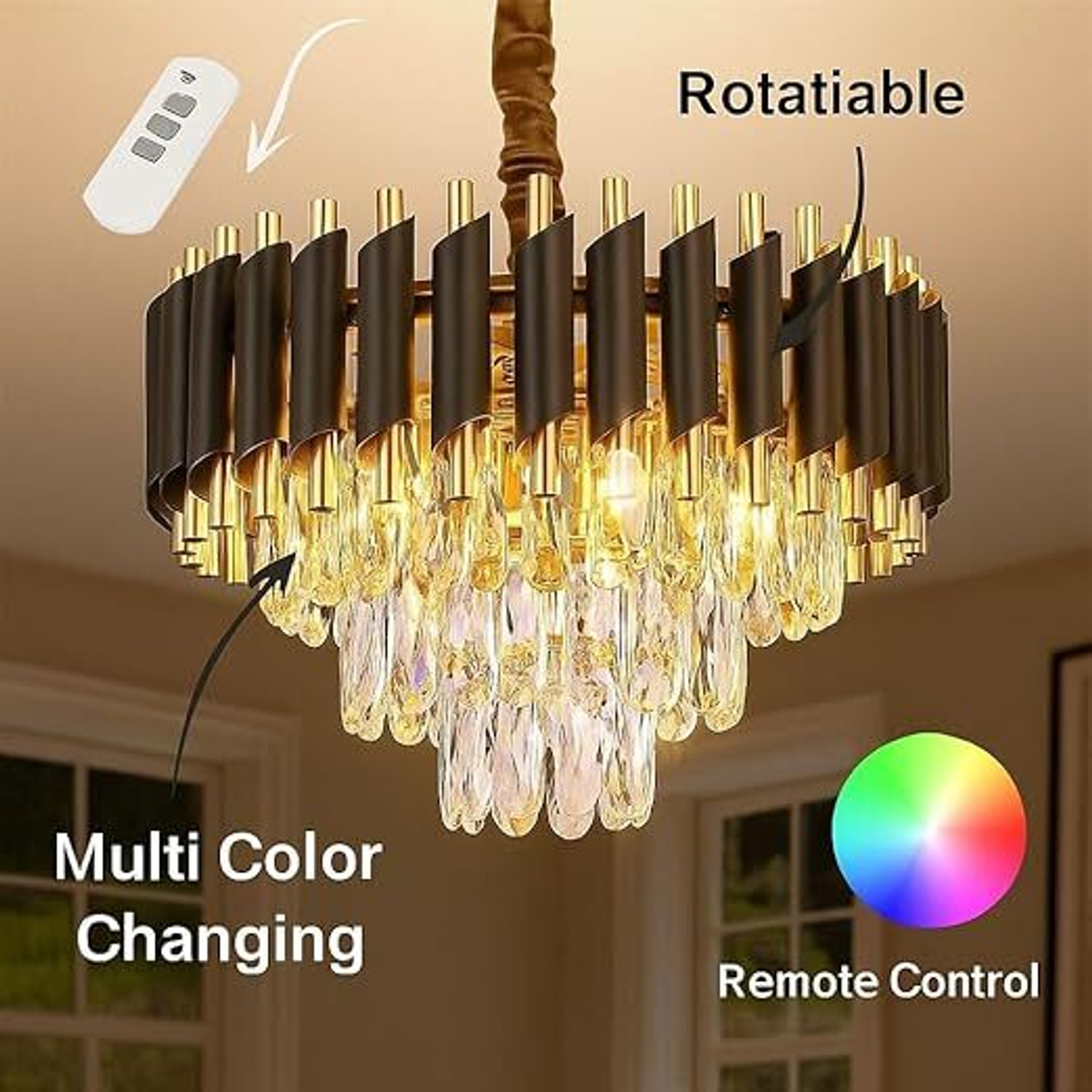Image of SEETASTIC 500mm BK-GD moving Bluetooth Remote control Jhummer Chandelier Ceiling Lamp (Black, Gold)