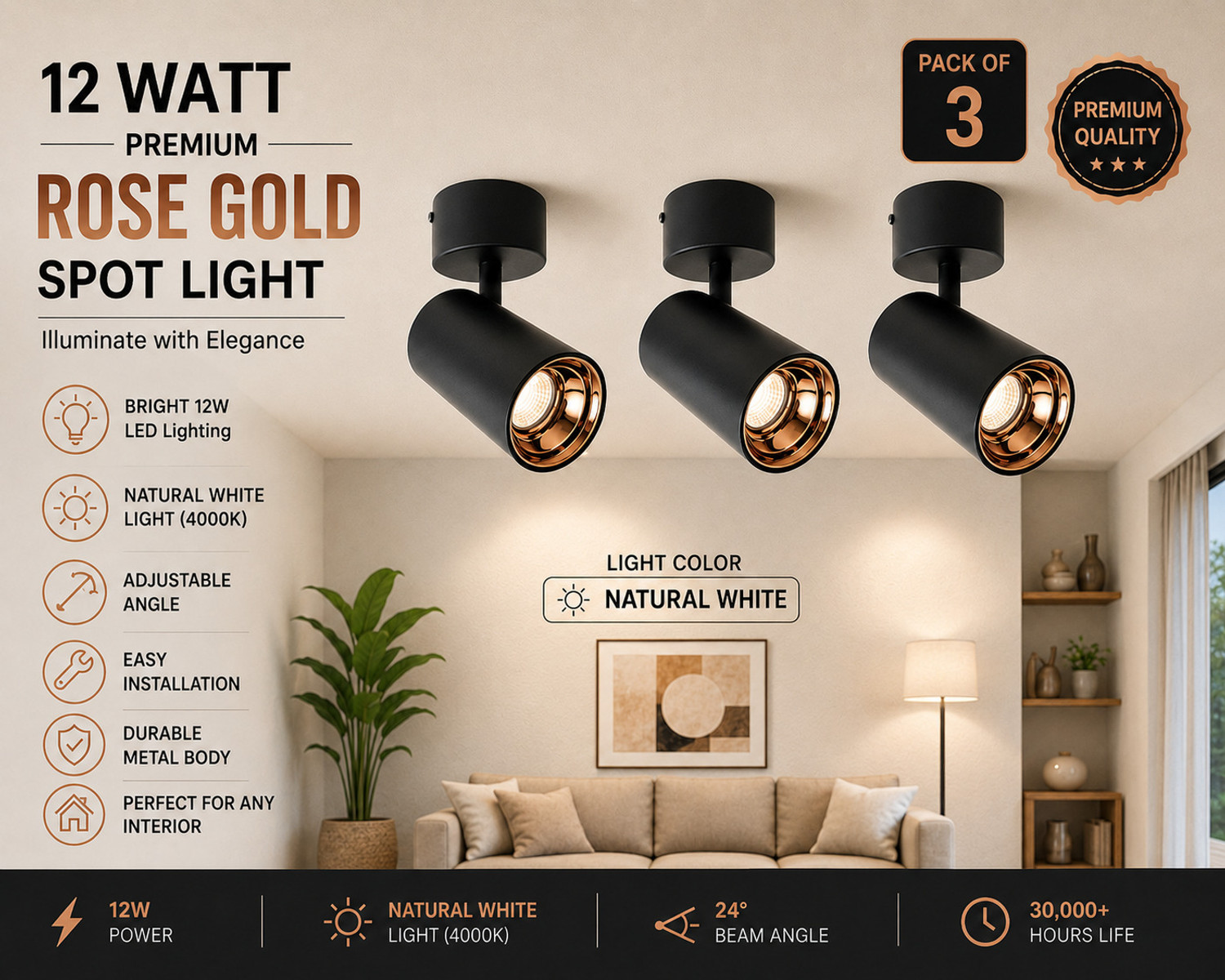 Image of sturlite Eva Spot Light 3W (WW /3000k), Pack of 3, Spot Light Ceiling Lamp (Yellow)