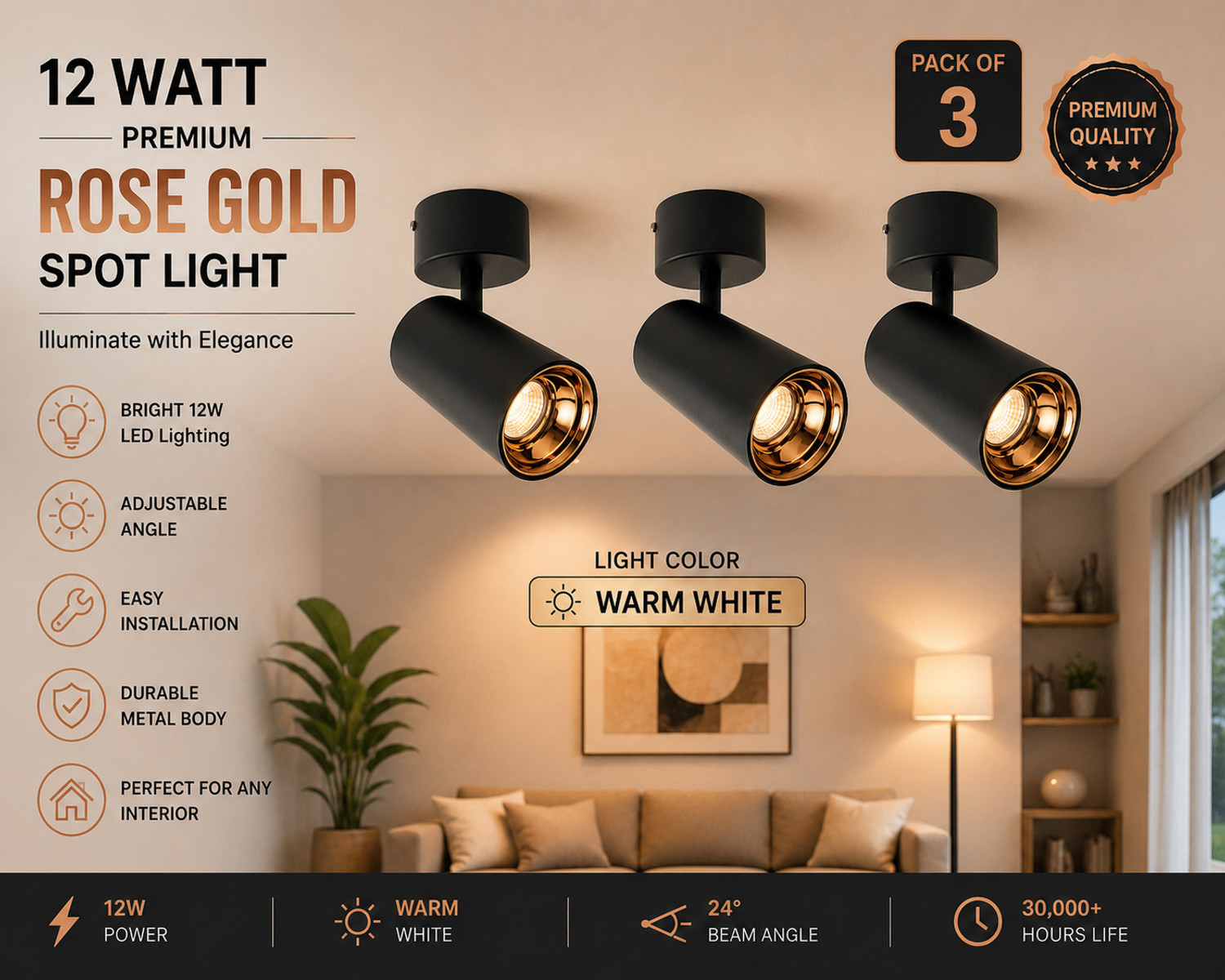 Image of sturlite Eva Spot Light 3W (WW /3000k), Pack of 3, Spot Light Ceiling Lamp (Yellow)