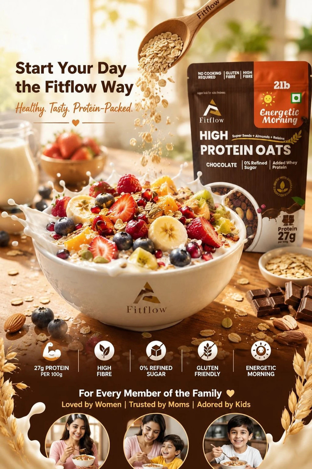 Image of FITFLOW High Protein Dark Chocolate Oats with 27g Protein per 100g Pouch (900 g)