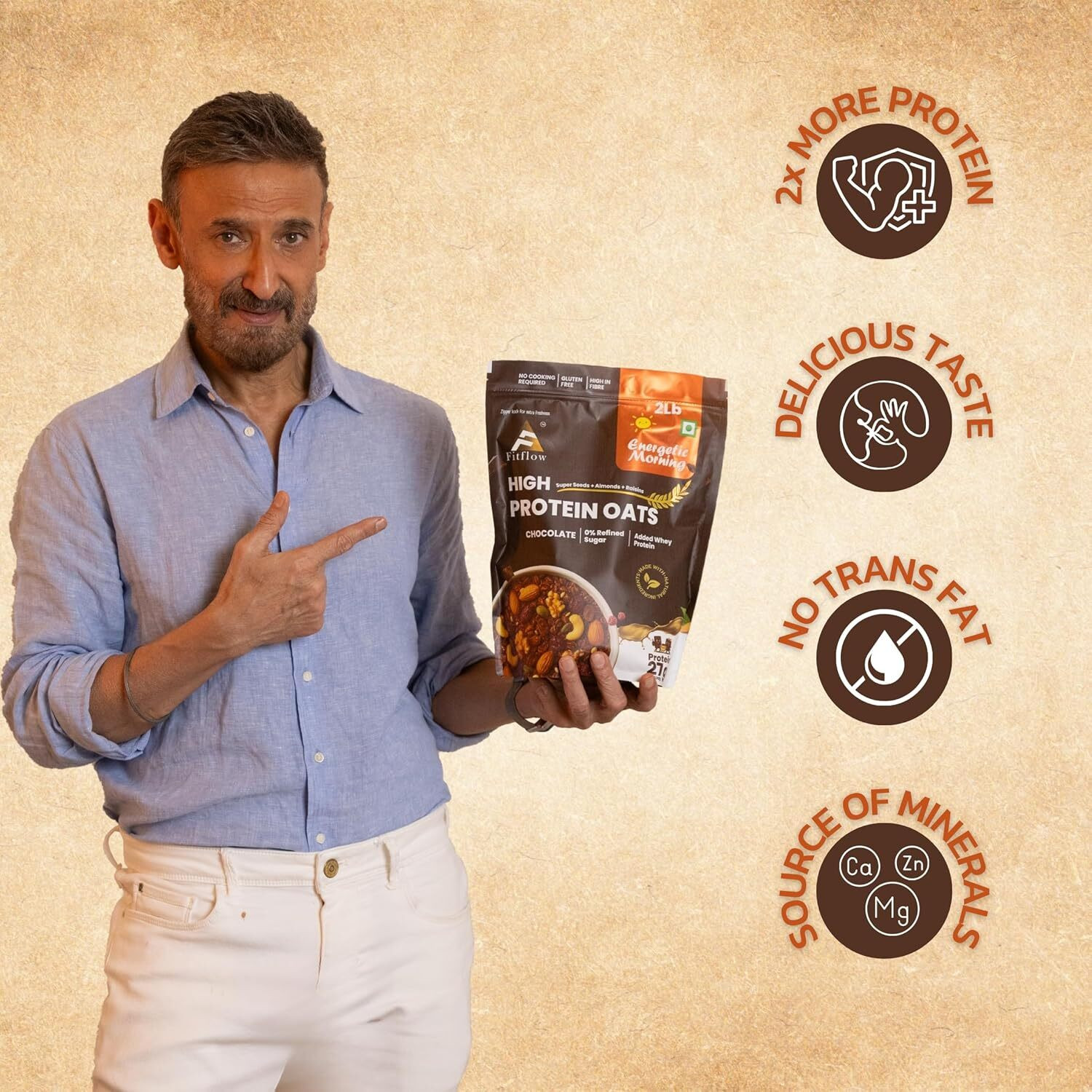 Image of FITFLOW High Protein Dark Chocolate Oats with 27g Protein per 100g Pouch (900 g)