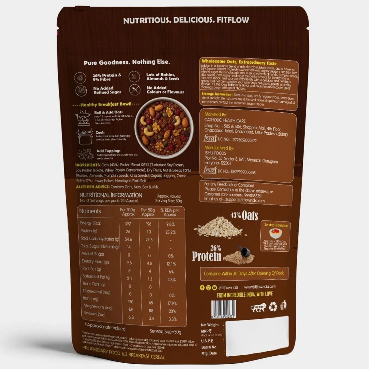 Image of FITFLOW High Protein Dark Chocolate Oats with 27g Protein per 100g Pouch (900 g)