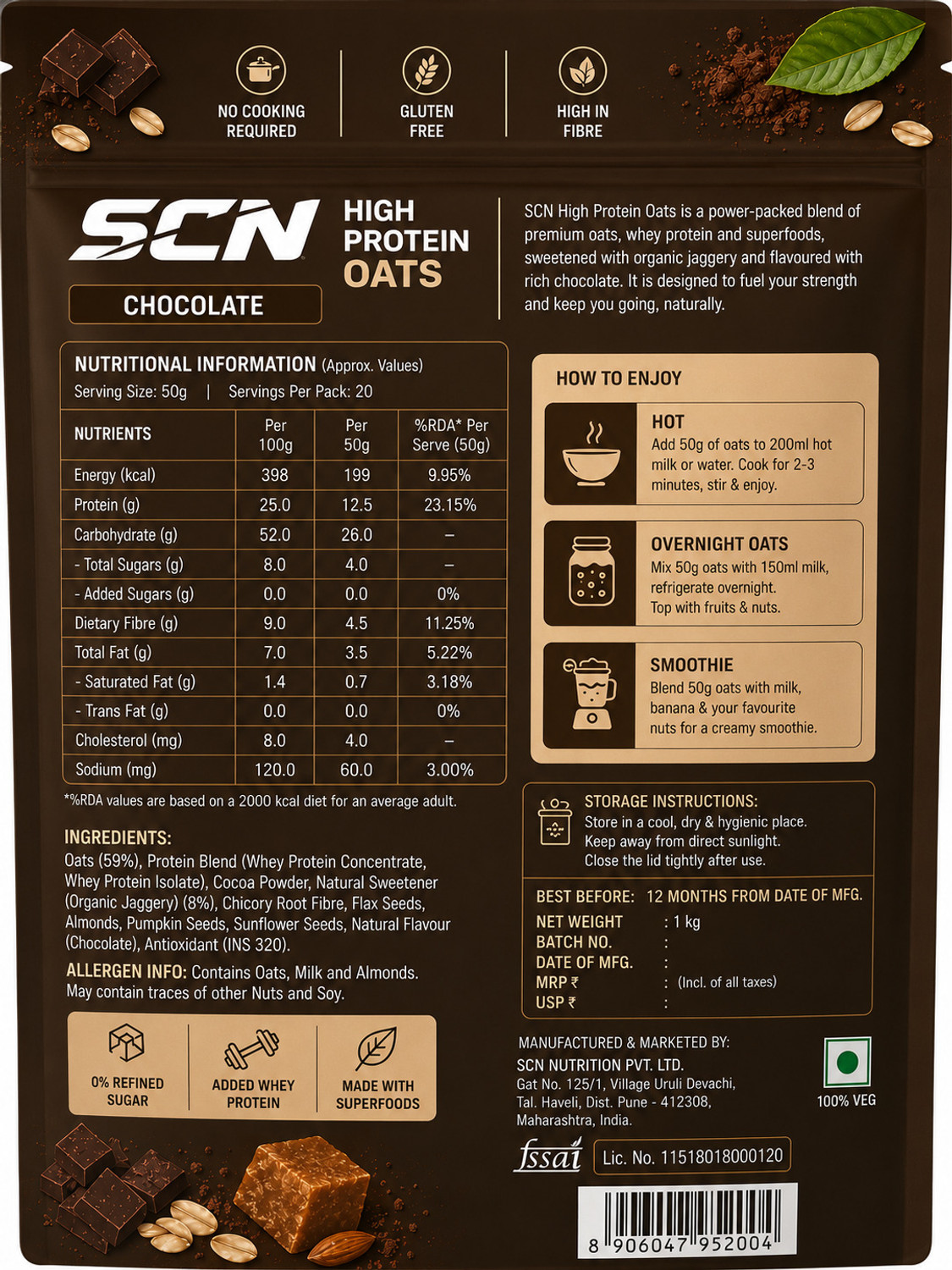Image of Scitron Get 24g High Protein OATS 1kg, Dark Chocolate Pouch (1 kg) Pouch (1 kg)