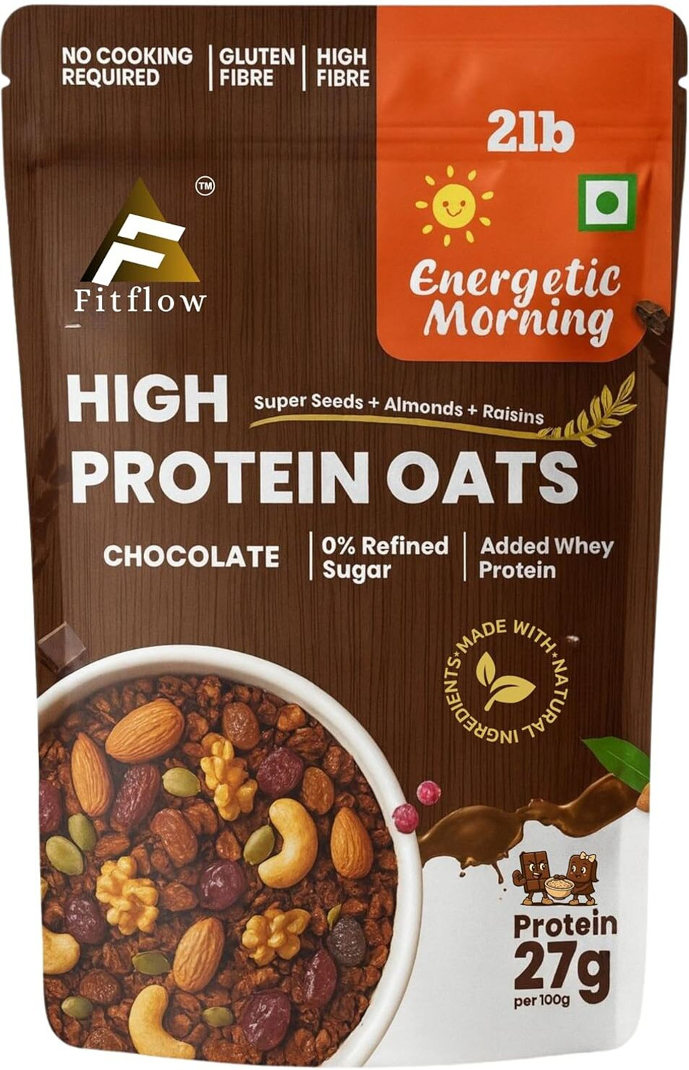 Image of FITFLOW High Protein Dark Chocolate Oats with 27g Protein per 100g Pouch (900 g)