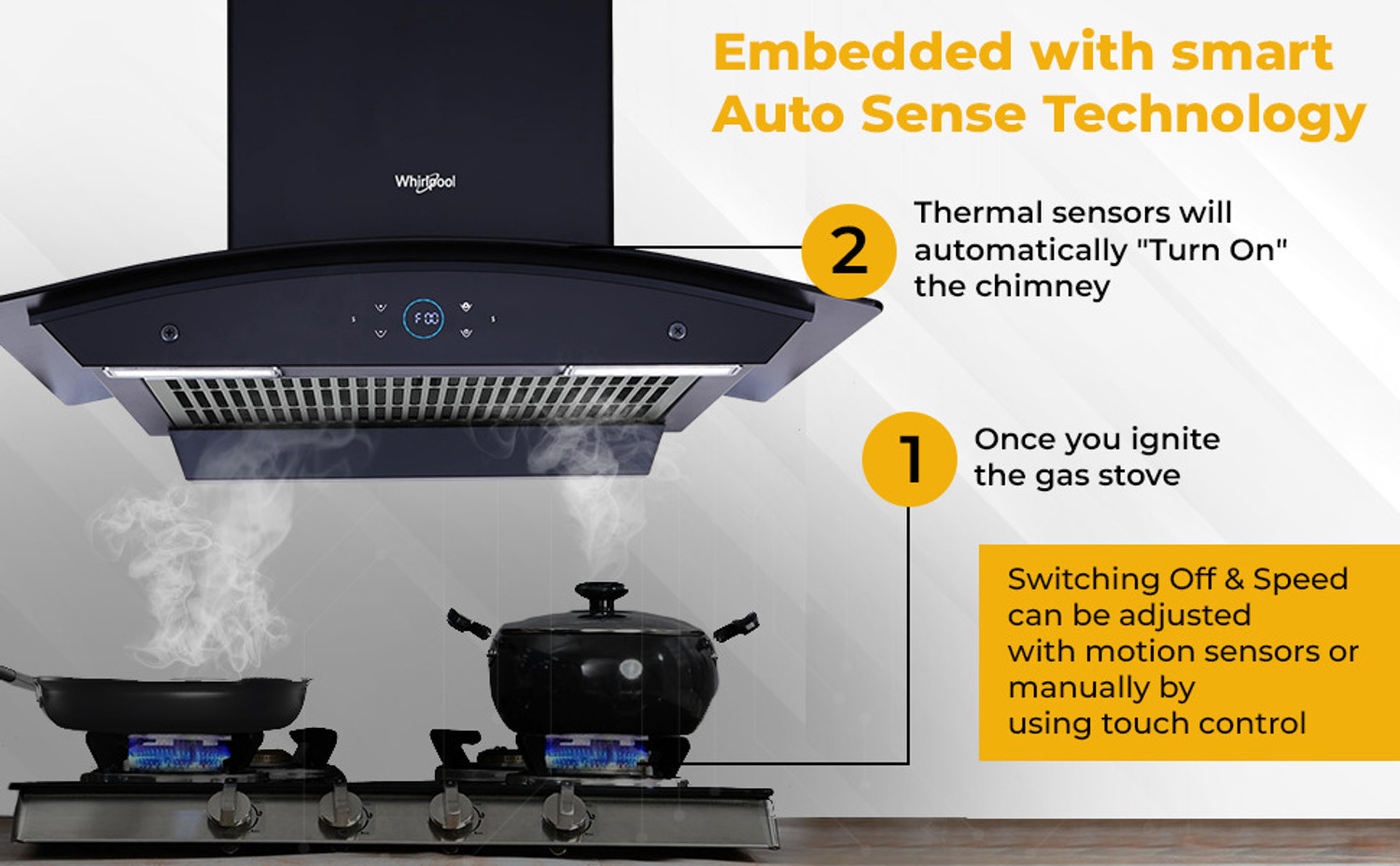 Image of Whirlpool SMARTSENSE ZEN CGFL 604 HAC BLDC BK HOOD 1425 CMH 60 cm Curved Glass 60 cm | BLDC Motor| Smart-Sense Speed Control |Heat Autoclean| Gesture Control|Filterless| Powerful Suction | Low Noise Auto Clean Chimney (Wall Mounted, Black)