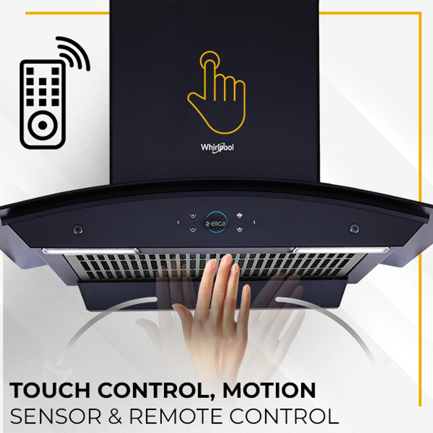 Image of Whirlpool SMARTSENSE ZEN CGFL 604 HAC BLDC BK HOOD 1425 CMH 60 cm Curved Glass 60 cm | BLDC Motor| Smart-Sense Speed Control |Heat Autoclean| Gesture Control|Filterless| Powerful Suction | Low Noise Auto Clean Chimney (Wall Mounted, Black)