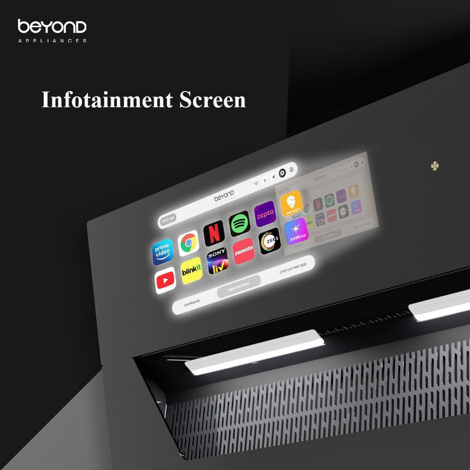 Image of Beyond Appliances Eris 90cm Slant Android Chimney Filter-Less 1500 CMH 60 cm Auto Clean Chimney (Wall Mounted, Black)