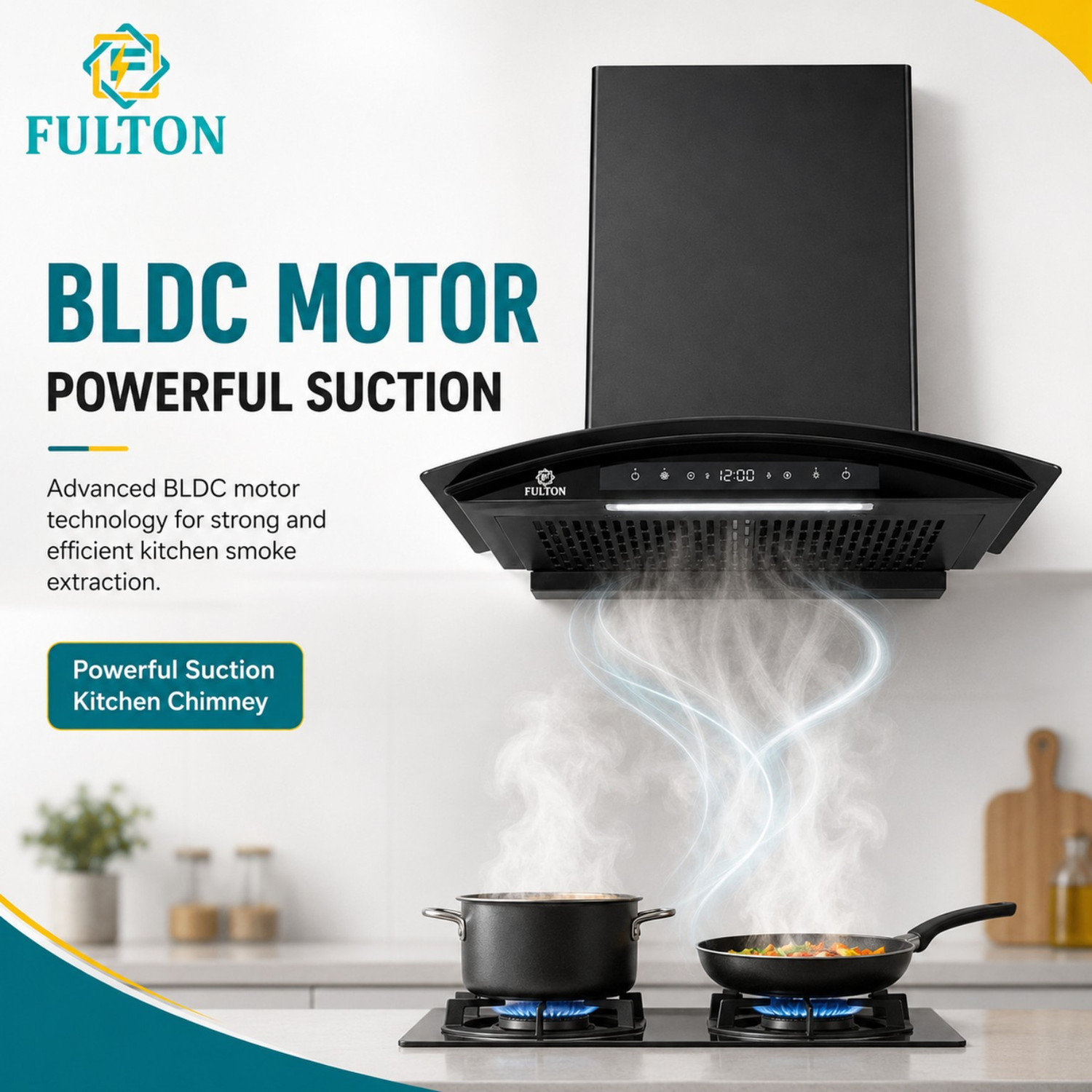 FULTON SILENT FLOW BLDC CURVE 60CM CHIMNEY| 130W BIG HOUSING COPPER MOTOR| 1650 CMH 60 cm Auto Clean Chimney