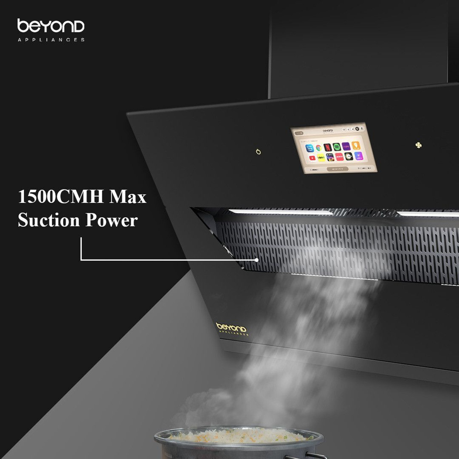 Image of Beyond Appliances Eris 90cm Slant Android Chimney Filter-Less 1500 CMH 60 cm Auto Clean Chimney (Wall Mounted, Black)