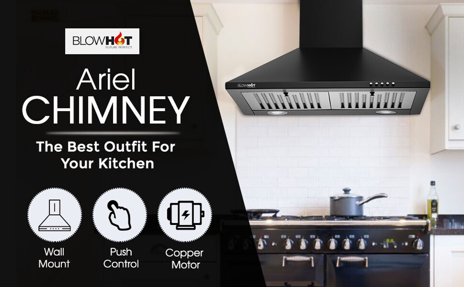 BLOWHOT Ariel Black Chimney 800 CMH 60 cm Pyramid Shape Filterless Powerful suction Low Noise Chimney