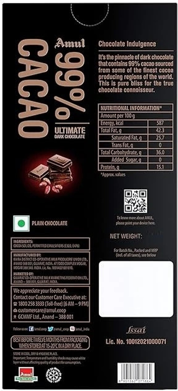 Image of Amul 99% CACAO ULTIMATE DARK CHOCOLATE SUPER DELICIOUS Bar (2 x 125 g)
