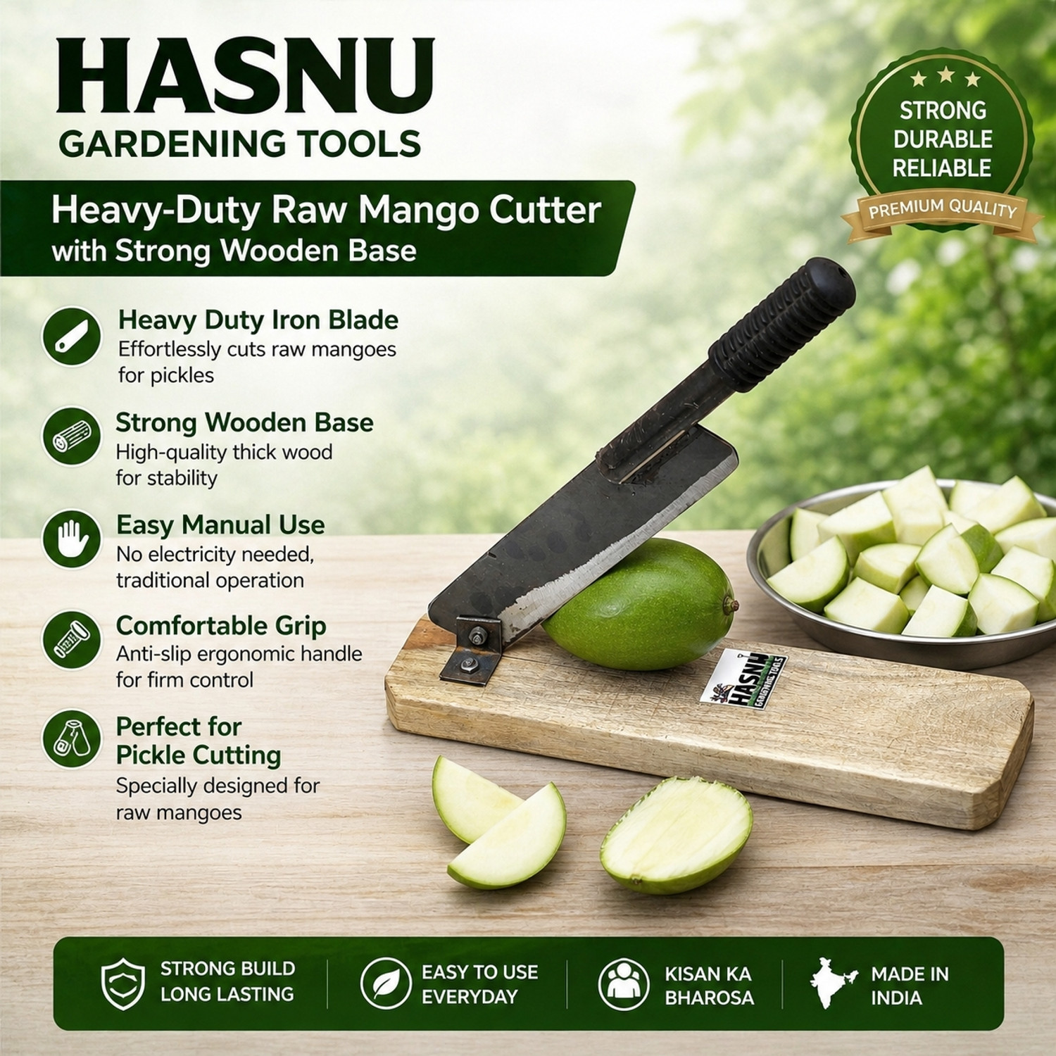 Image of HASNU GARDENING TOOLS Heavy Mango Cutter, Handmade Iron Raw Mango Cutter for Pickle with Wooden Base Vegetable & Fruit Chopper (1Chopper with wooden base, 1Hand gloves)