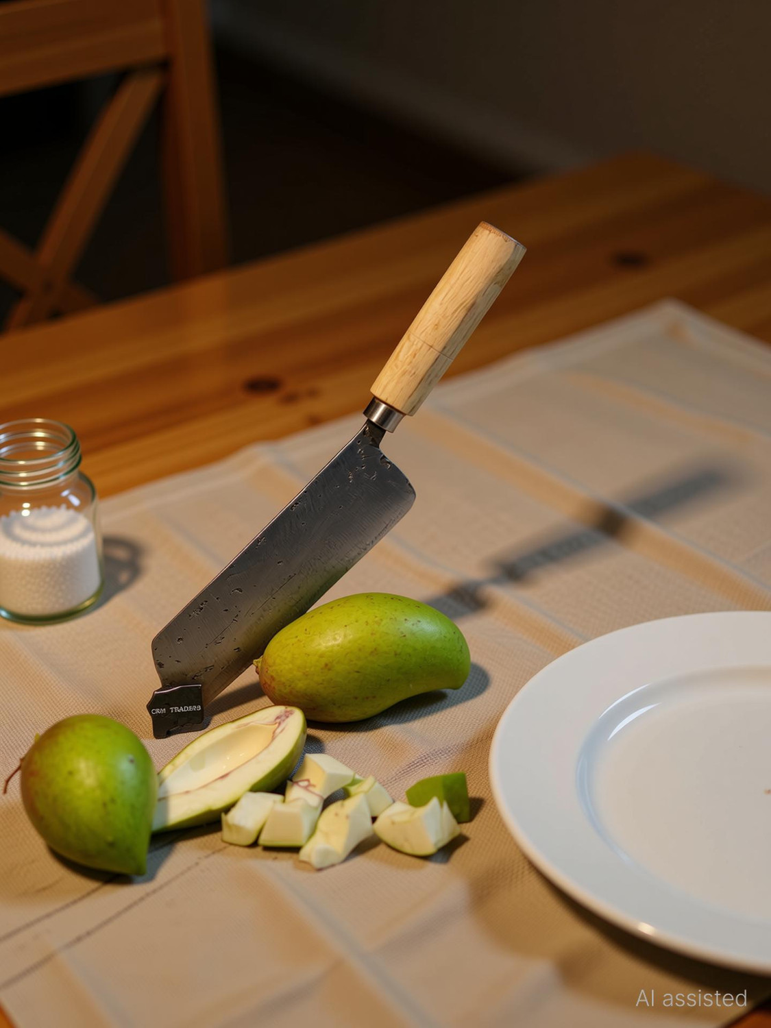 Image of HASNU GARDENING TOOLS Heavy Mango Cutter, Handmade Iron Raw Mango Cutter for Pickle with Wooden Base Vegetable & Fruit Chopper (1Chopper with wooden base, 1Hand gloves)
