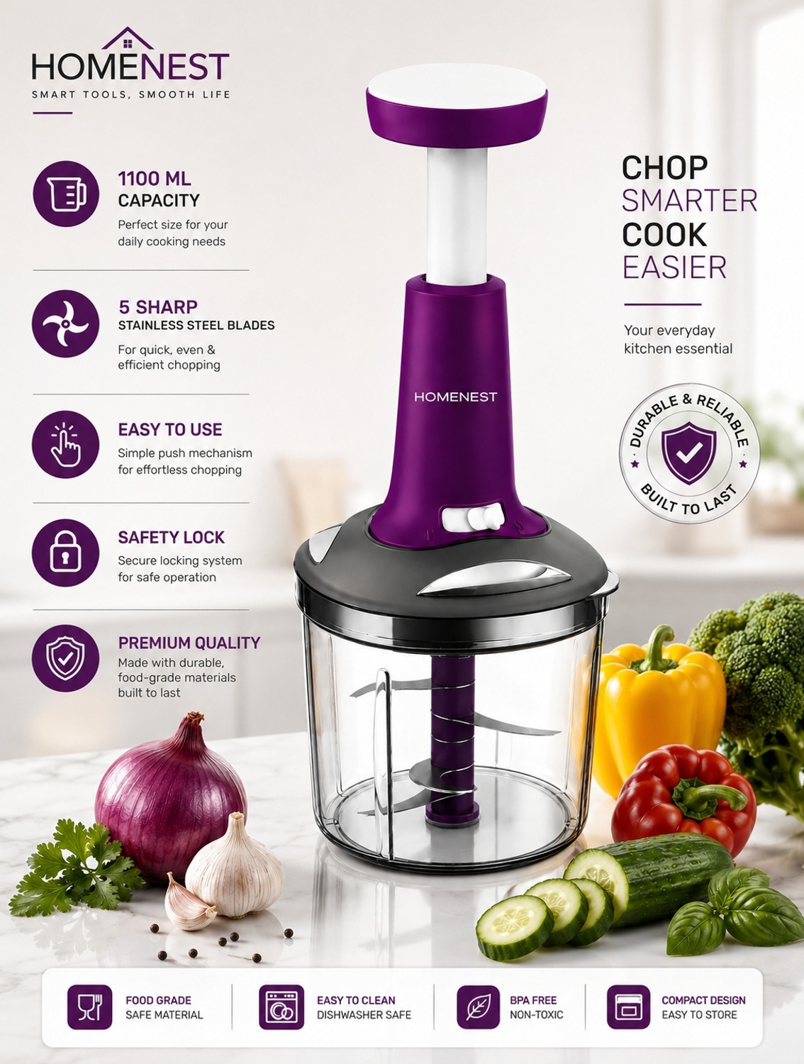 Image of Housenest 1000 ML Push Vegetable Chopper With Powerful Blades For Vegetable & Fruit Vegetable & Fruit Chopper (1 chopper)