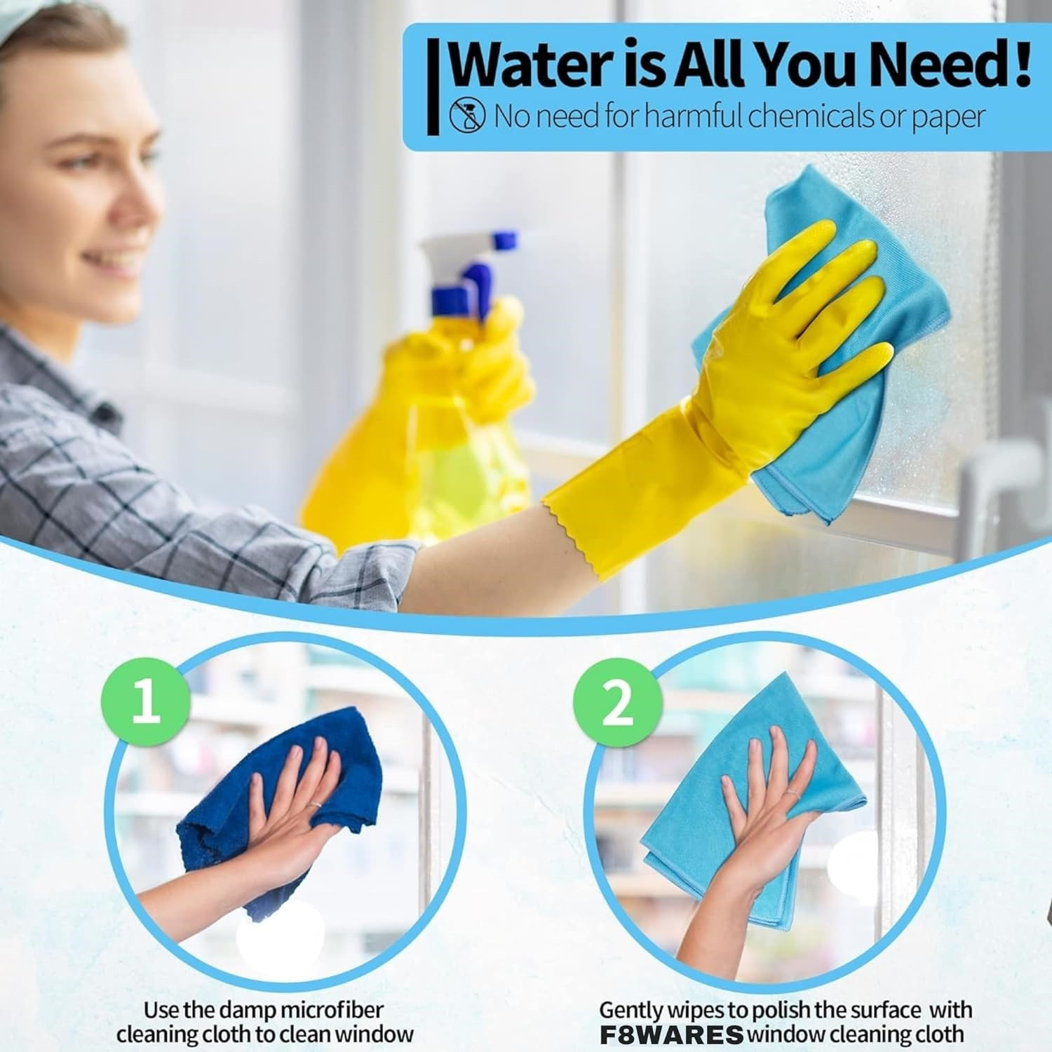 Image of F8WARES Glass Cleaning Cloth for Windows Mirrors- Microfiber Cloth - Glass Cleaner Cloth Wet and Dry Microfiber Cleaning Cloth (24 Units)