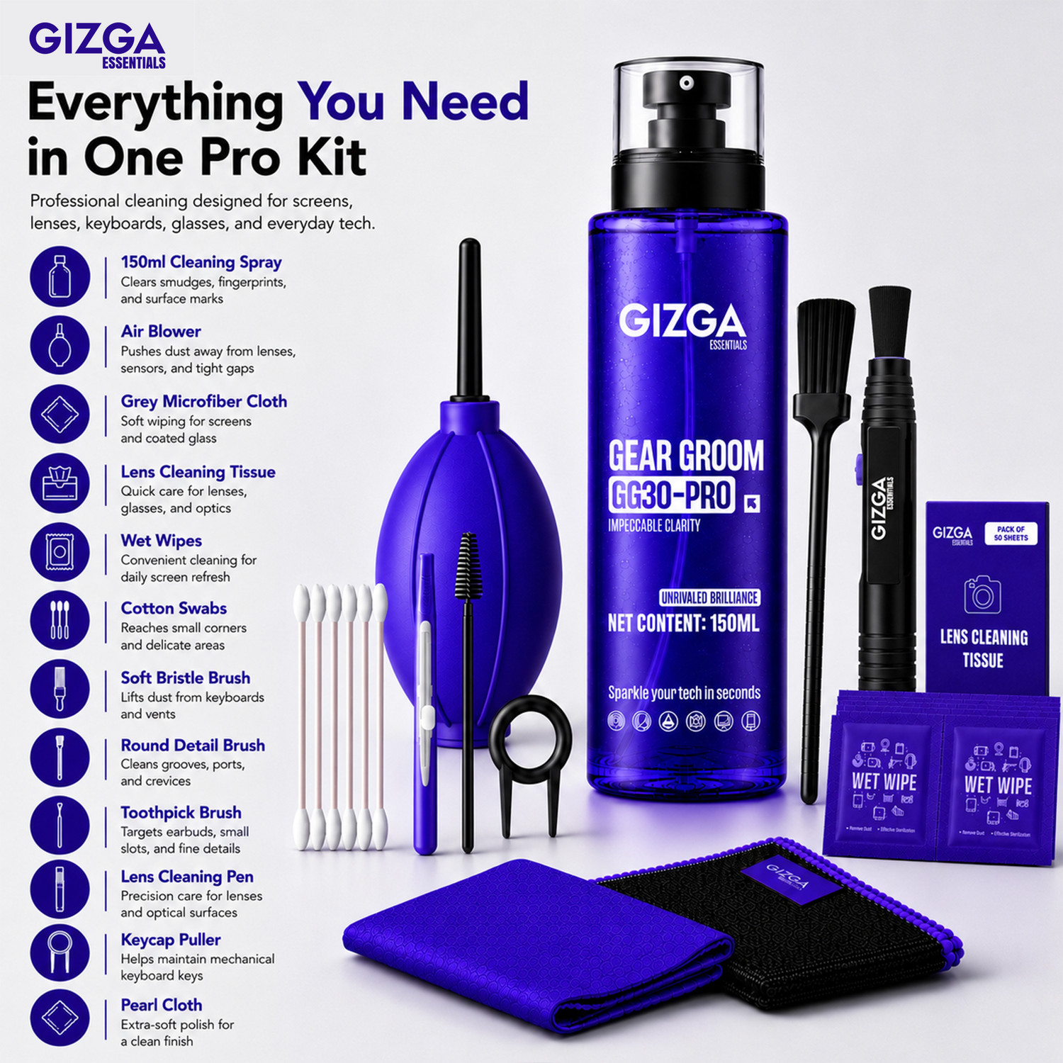 Image of Gizga Essentials 12 in 1 Screen Cleaning Kit With 150ml Spray, Air Blower, Lens Pen Tissues &More for Computers, Gaming, Laptops, Mobiles (GZ-COMBO-104+106)