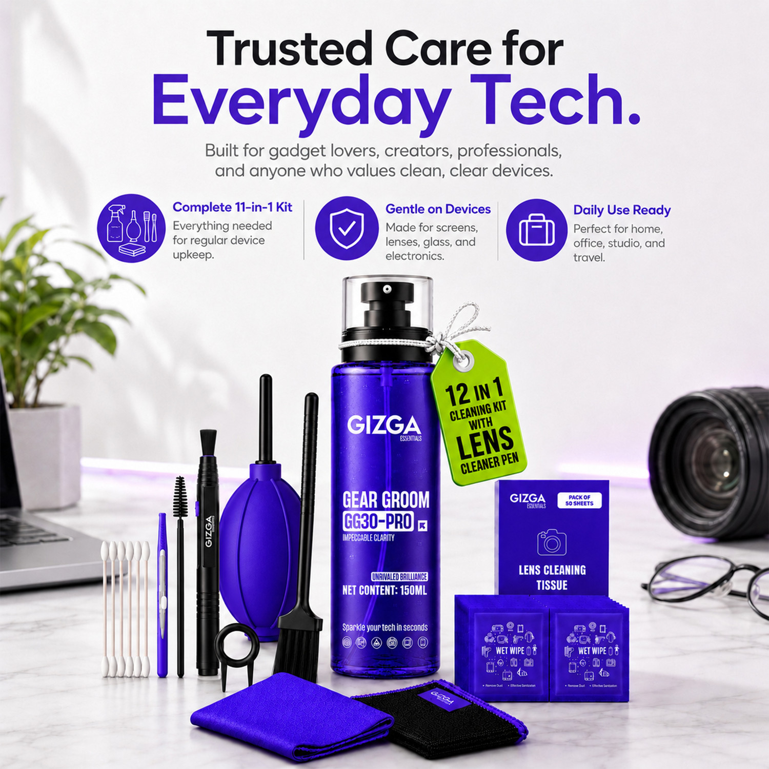 Image of Gizga Essentials 12 in 1 Screen Cleaning Kit With 150ml Spray, Air Blower, Lens Pen Tissues &More for Computers, Gaming, Laptops, Mobiles (GZ-COMBO-104+106)